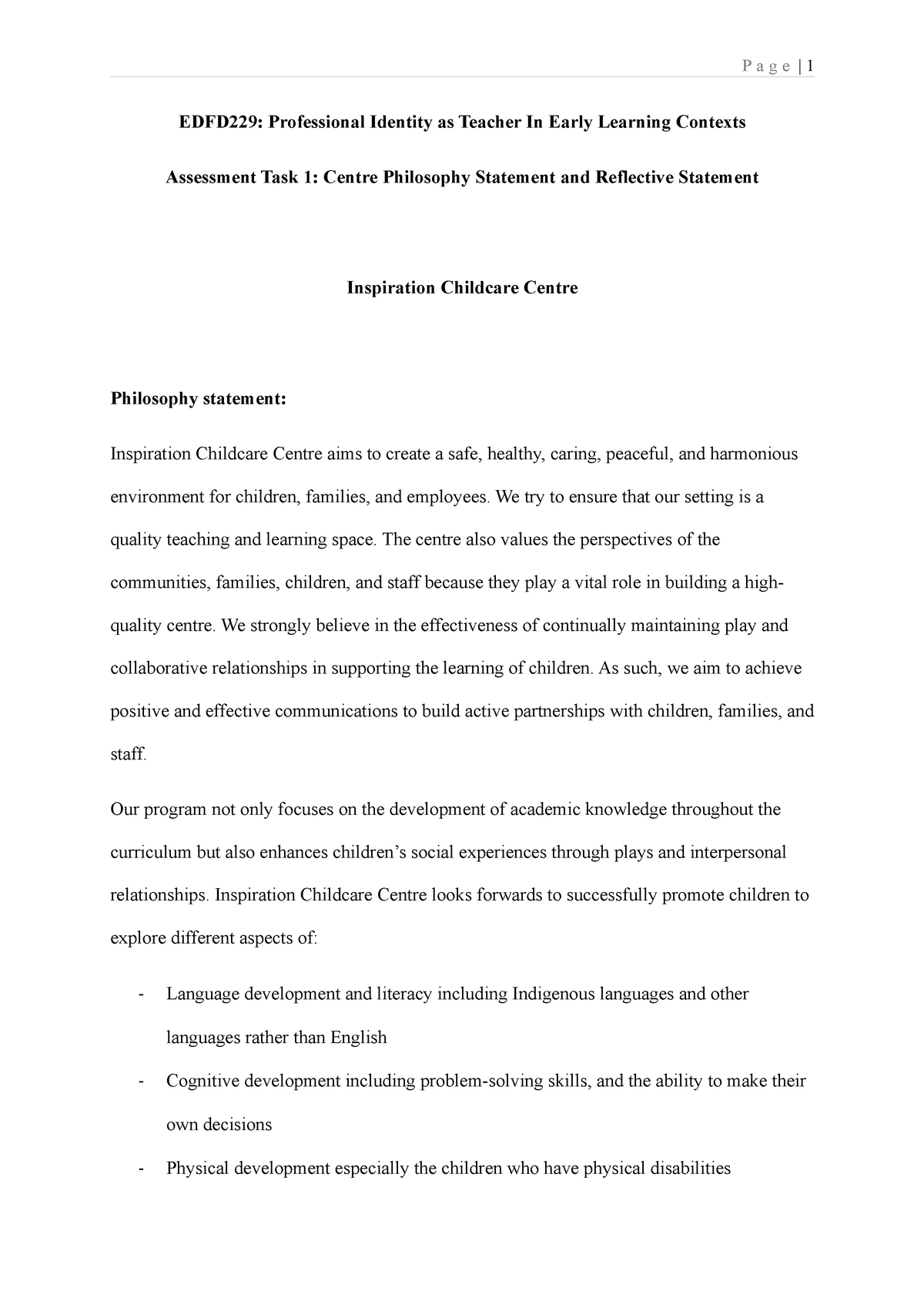 Assessment 1 Early Childcare Philosophy and Reflection Statement