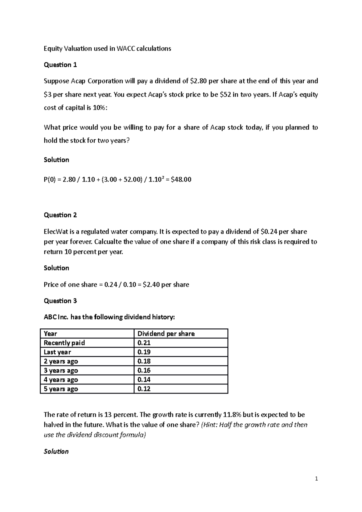 Solution - Practice Questions - Cost of Capital - Equity Valuation used ...