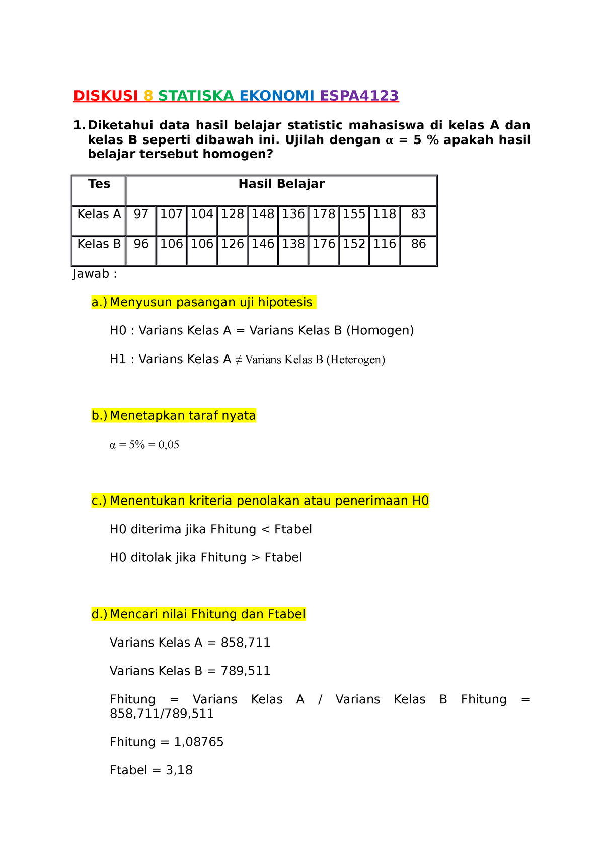 Diskusi 8 Statiska Ekonomi - DISKUSI 8 STATISKA EKONOMI ESPA 1 ...