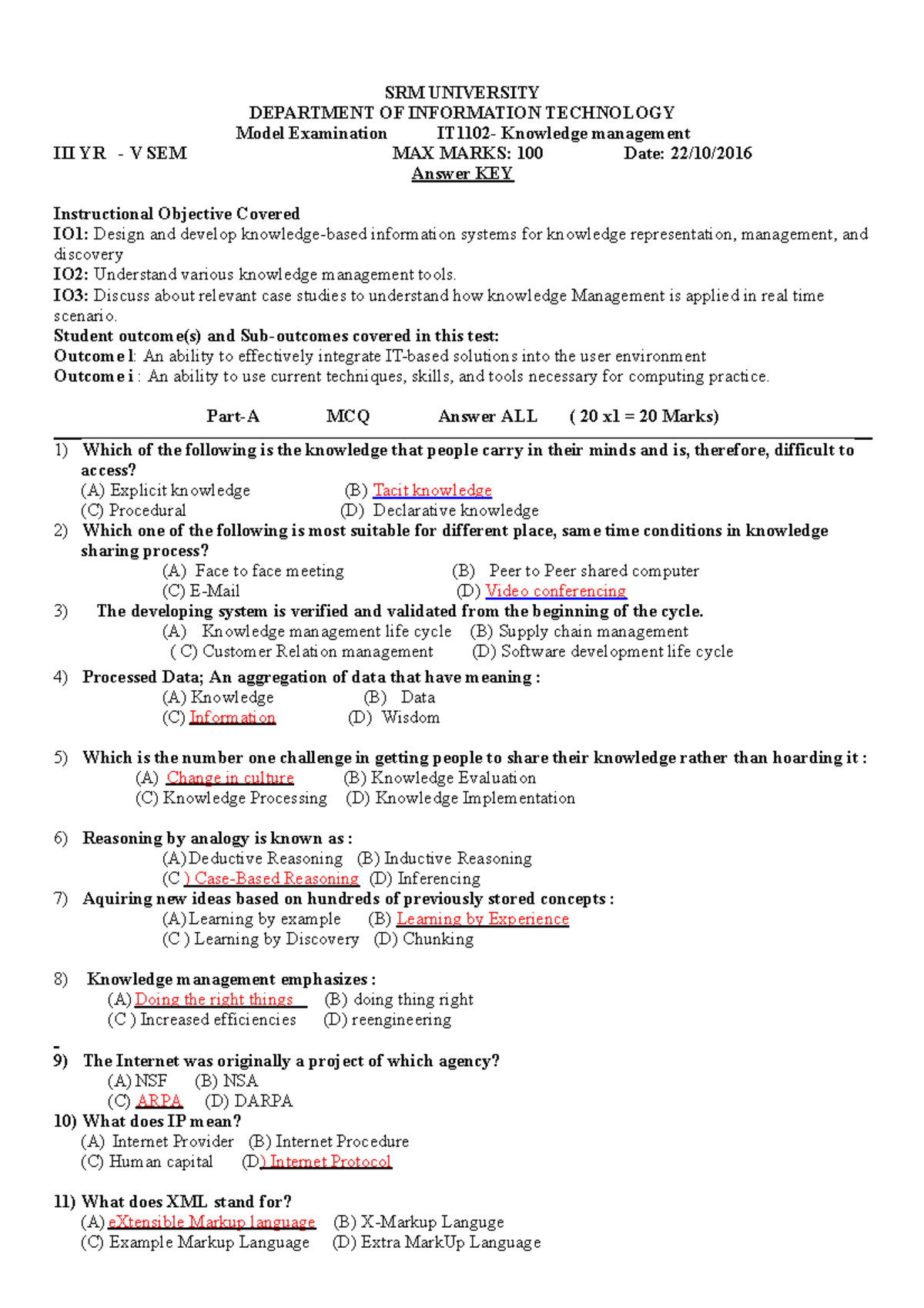 IT6011 KM Model Ans KEY - IT 6011 MCQ with answer - SRM UNIVERSITY ...