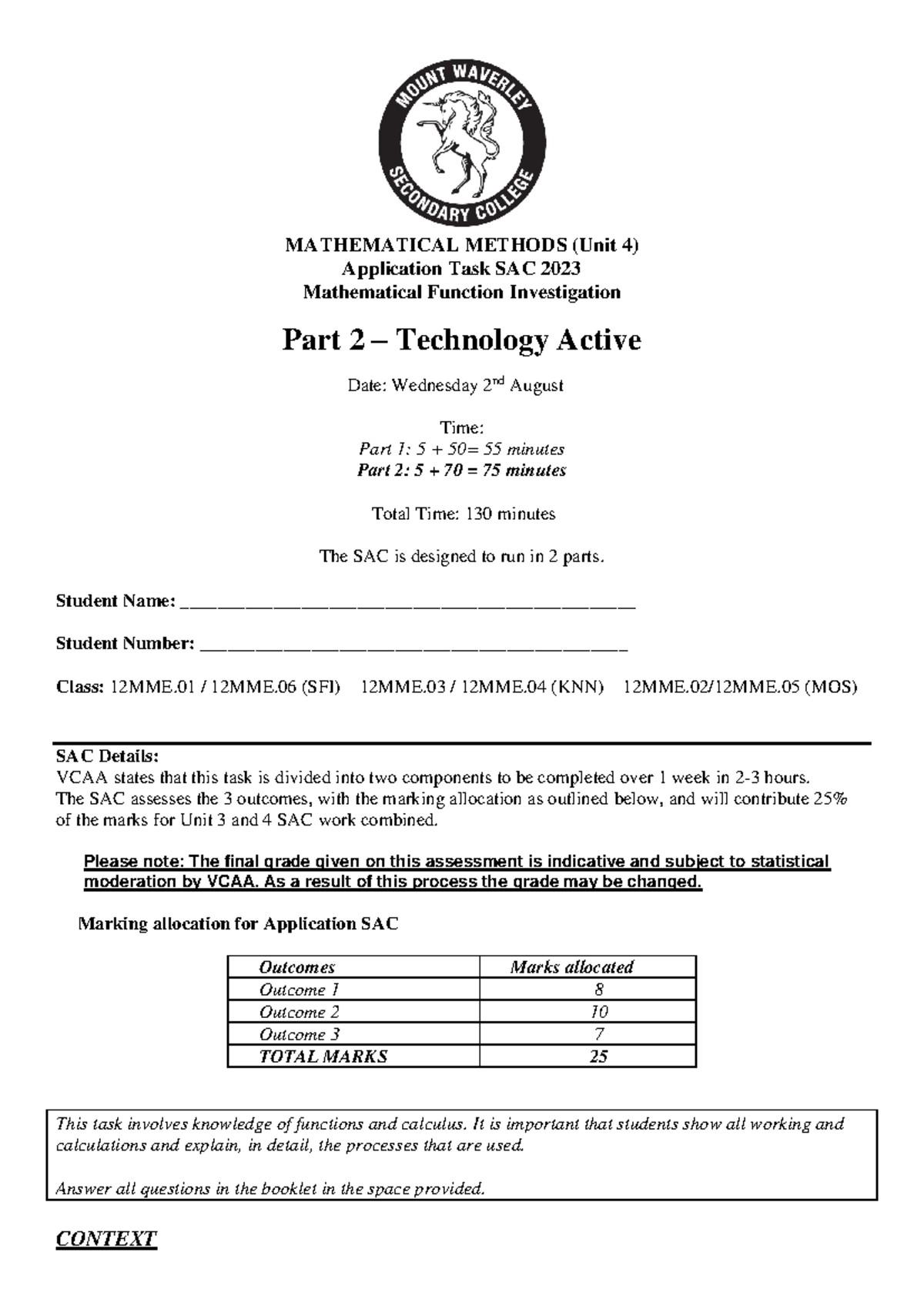 2023 12MME Unit 4 SAC 1 Part 2 solutions - no marks - MATHEMATICAL ...