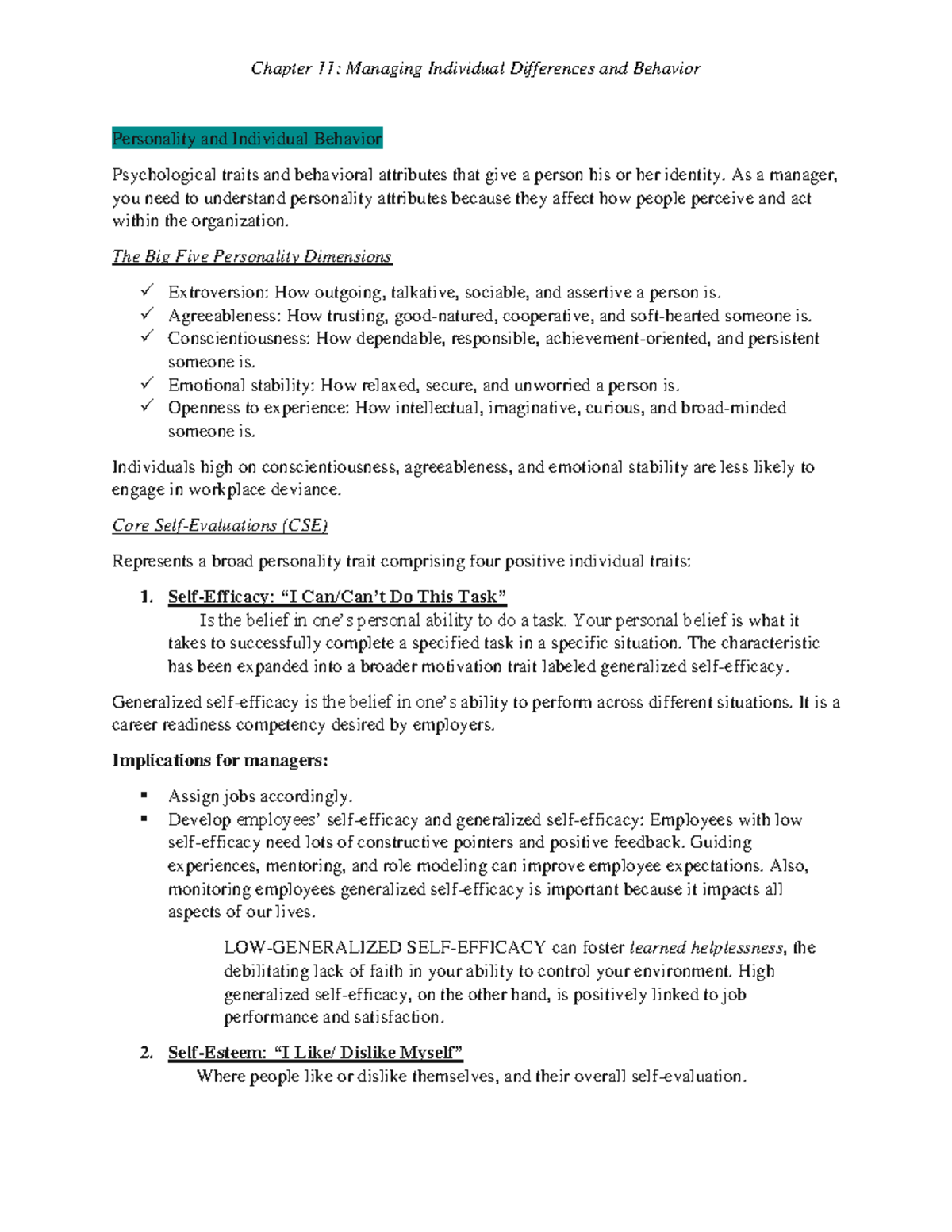 Chapter 11 business notes - Chapter 11: Managing Individual Differences ...