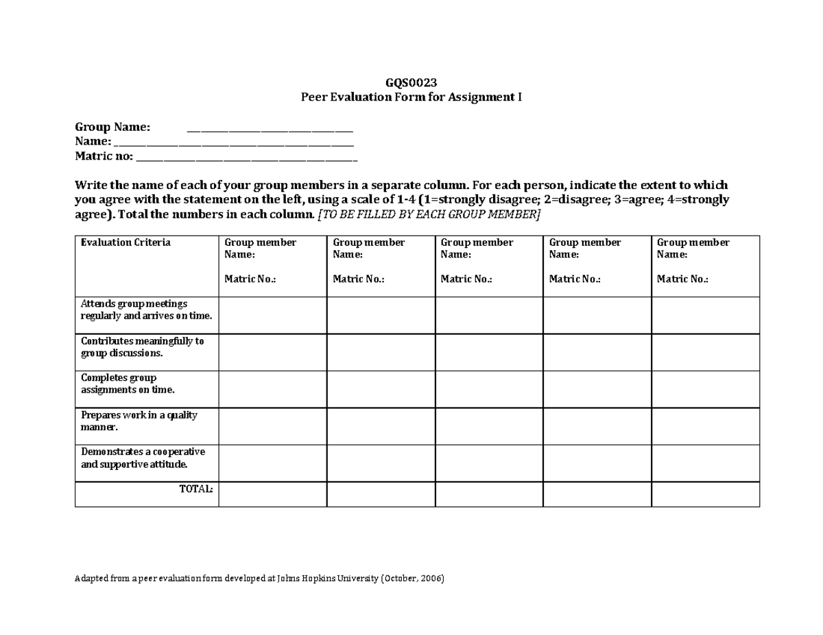 GQO0023 PEER Evaluation - Adapted from a peer evaluation form developed ...