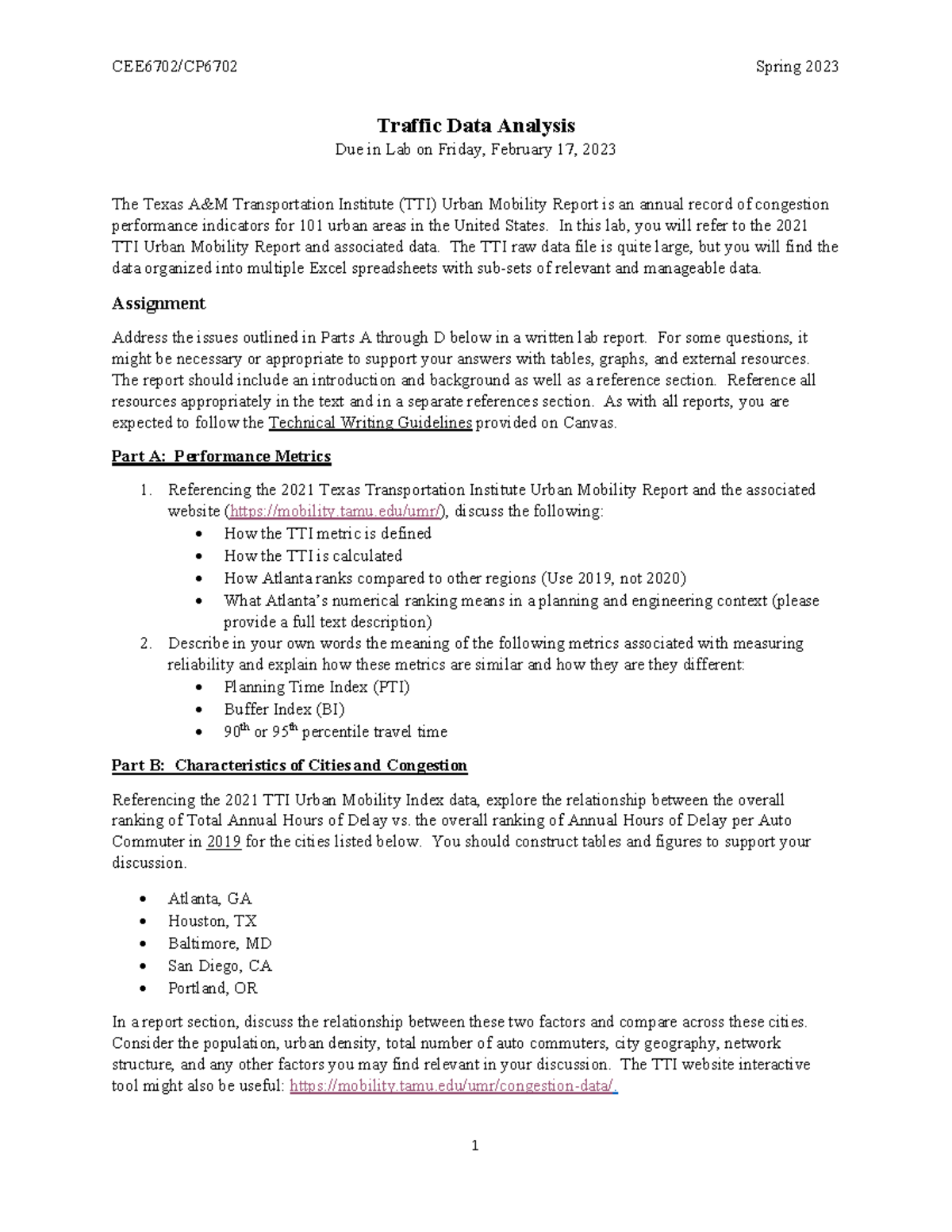 CECP6702 Traffic Data Analysis Lab 020323 - CEE6702/CP6702 Spring 2023 ...