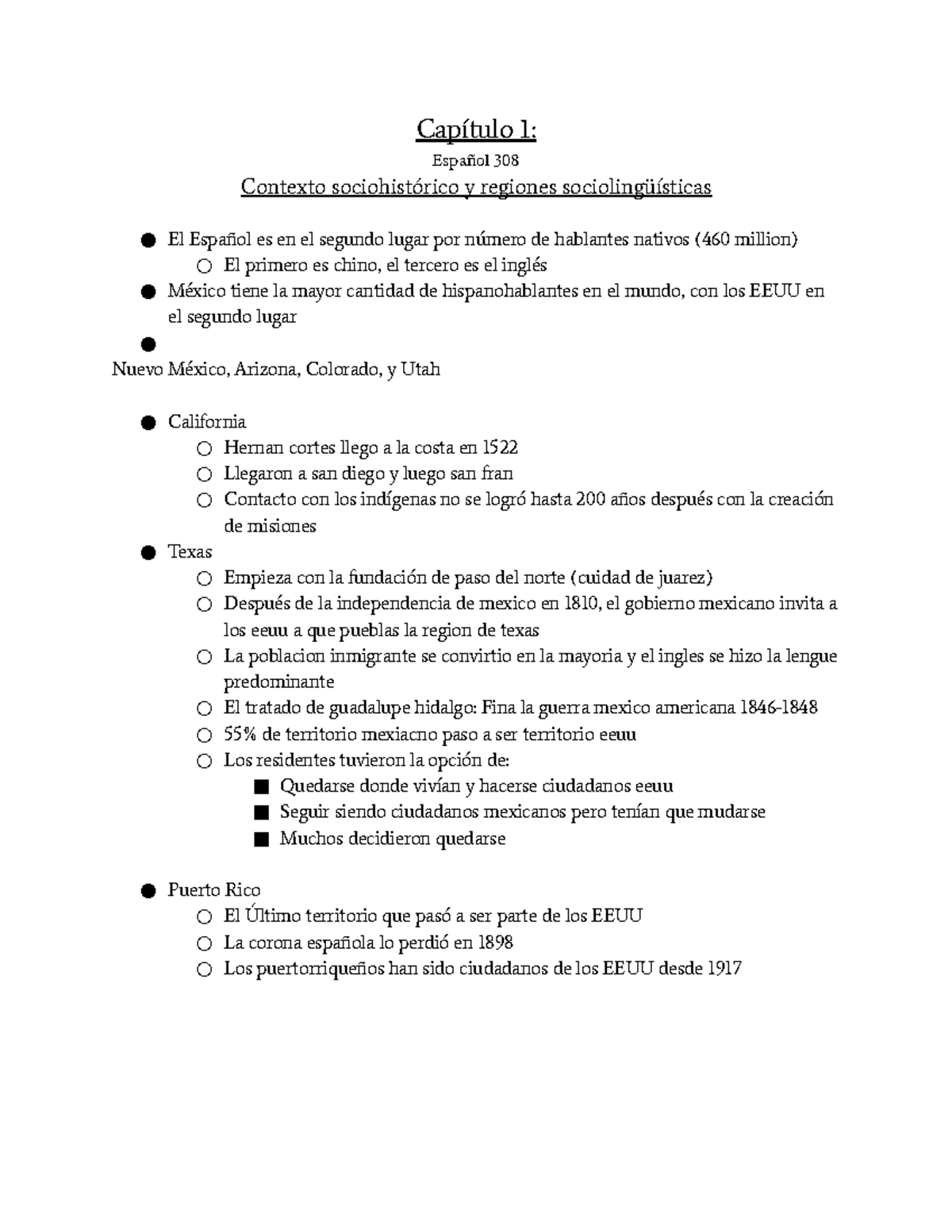 Spanish 308 - Chapters 1-3 - Capítulo 1: Español 308 Contexto ...