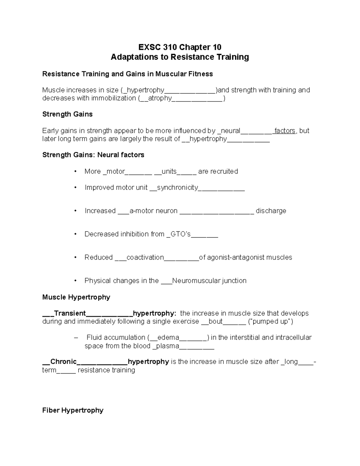 Chapter 11 QUiz notes EXSC 310 Chapter 10 Adaptations to Resistance Training Resistance