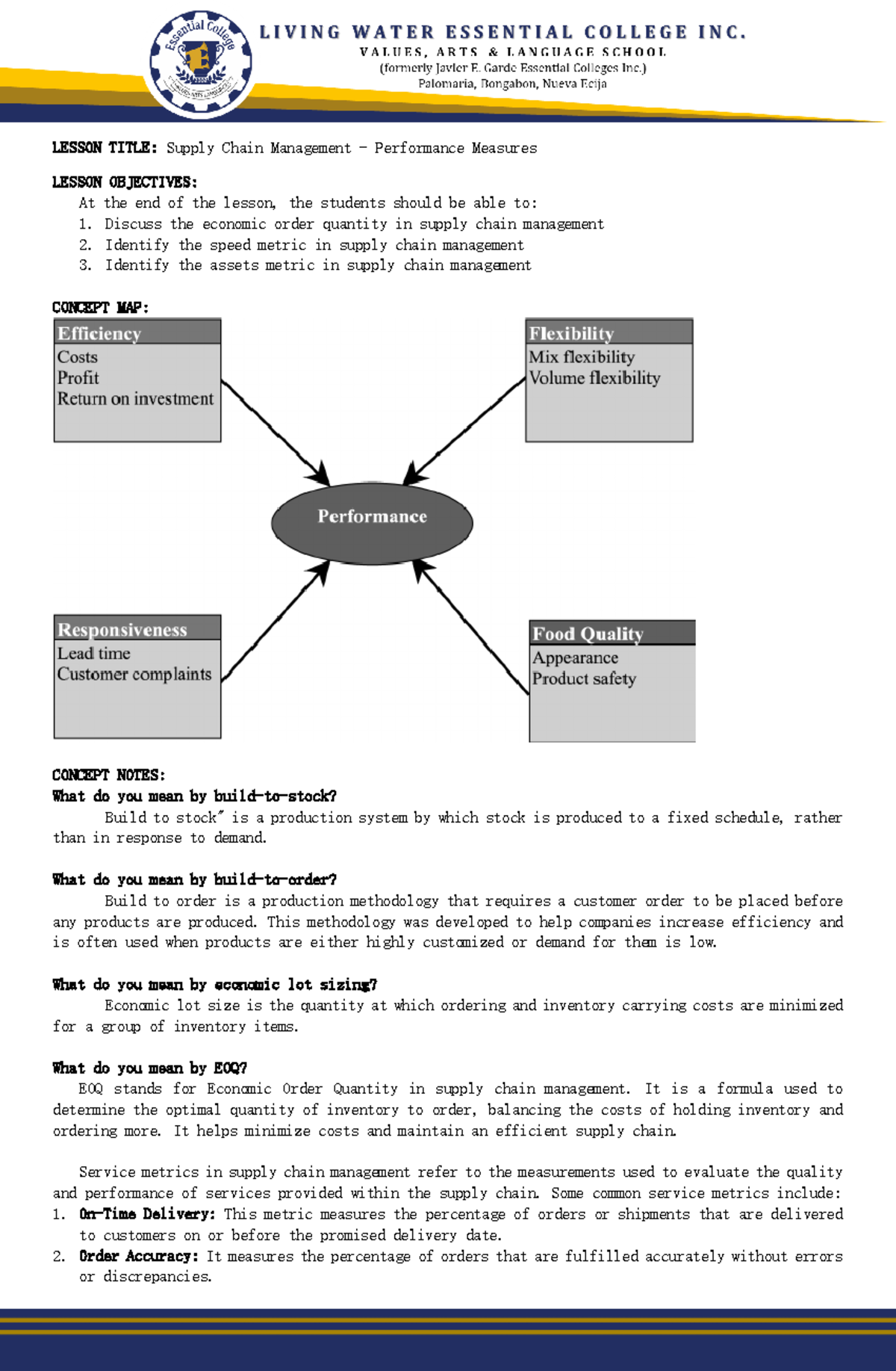 Lesson 3 - LESSON TITLE: Supply Chain Management - Performance Measures ...