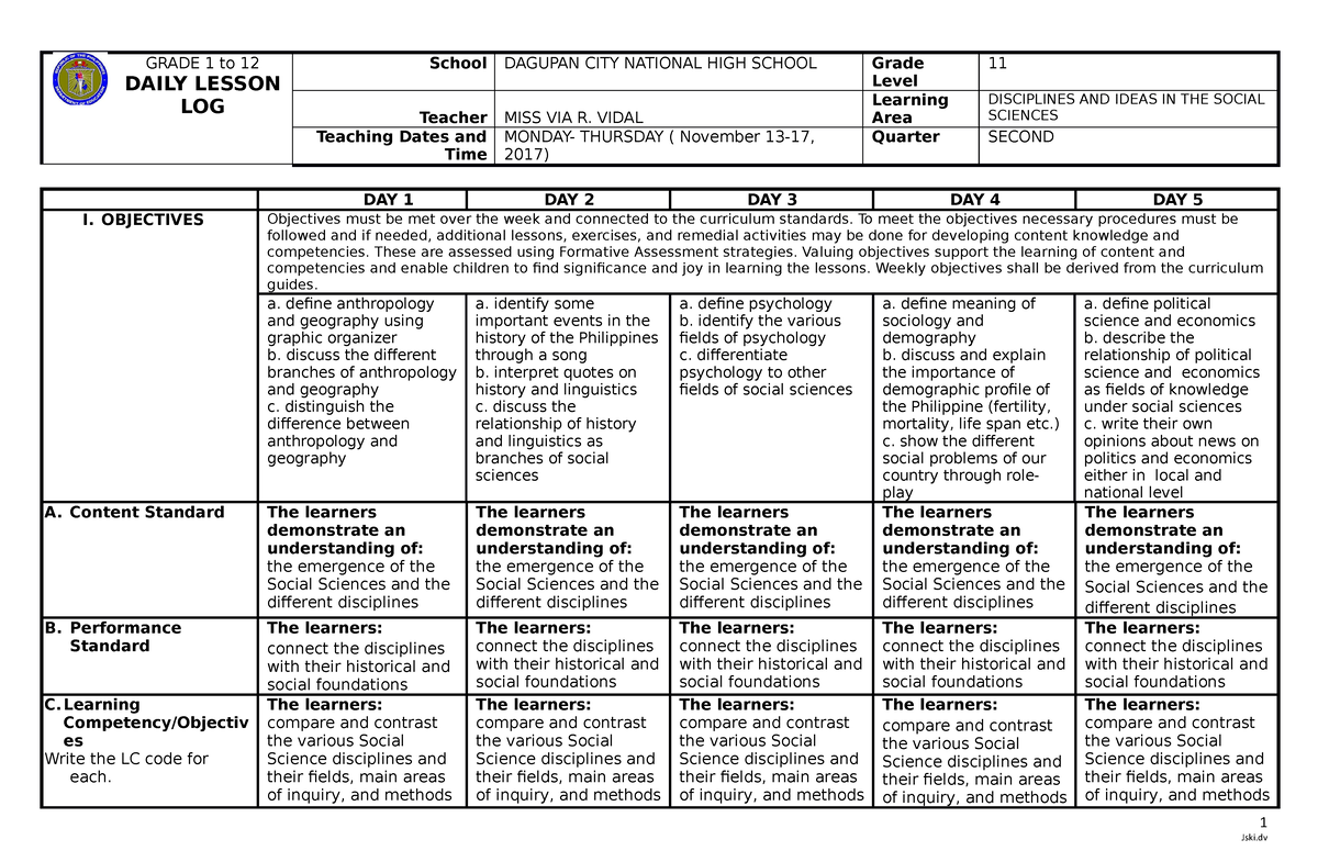 Dll Diss W1 Daily Lesson Log Grade 1 To 12 Daily Lesson Log School Dagupan City National 2371