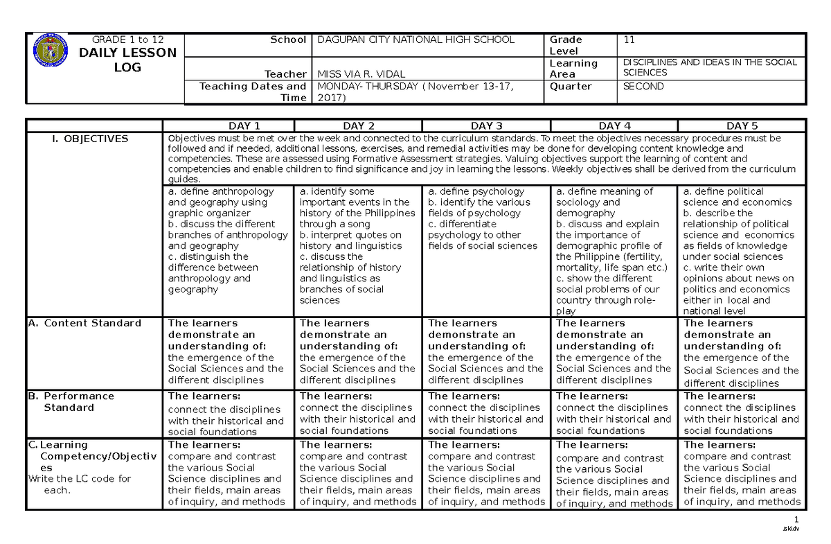 DLL DISS W1 Daily Lesson Log GRADE 1 To 12 DAILY LESSON LOG School