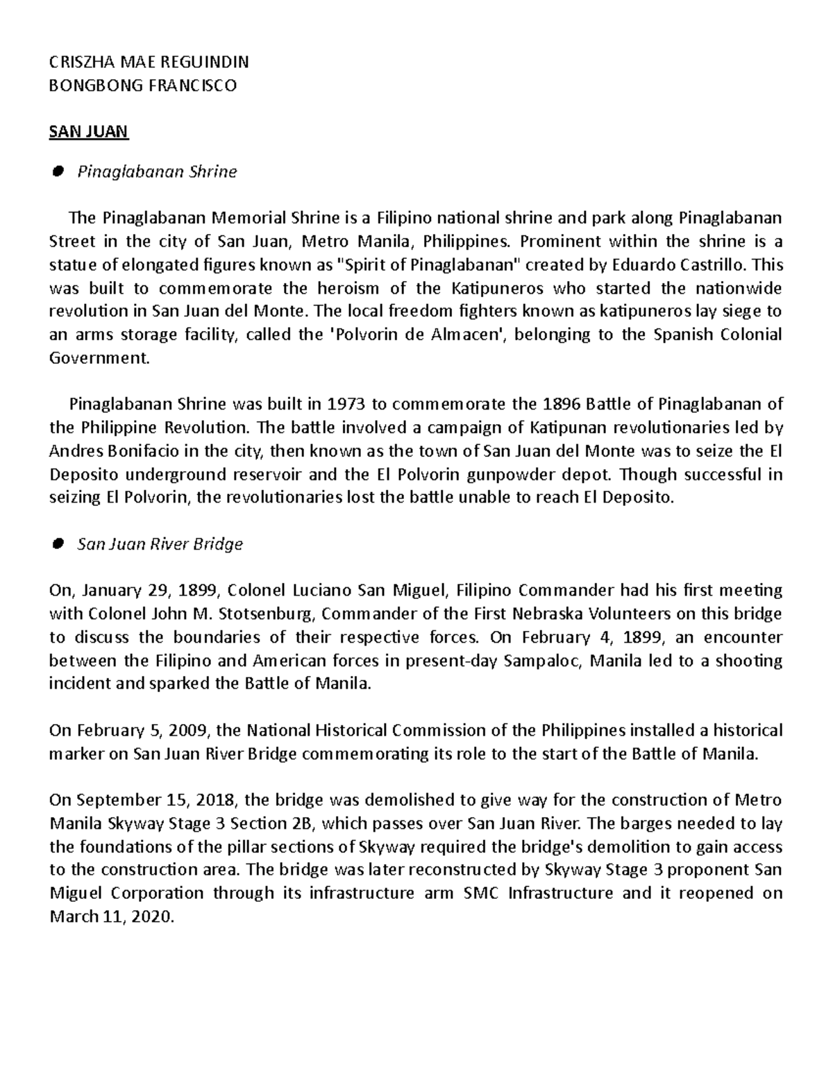 Pinaglabanan Shrine San Juan River Bridge CRISZHA MAE REGUINDIN