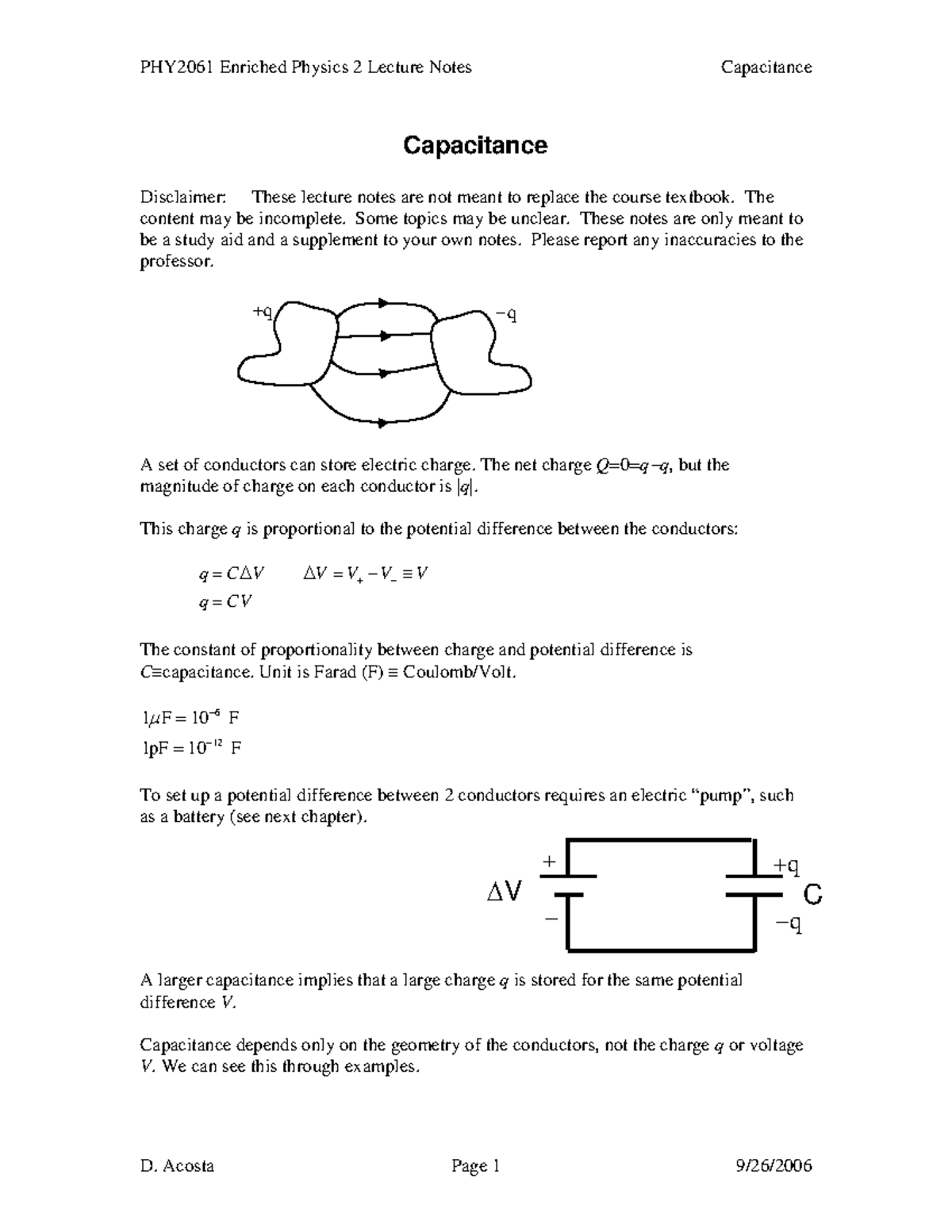 Flashcard 1 - Capacitance notes - Capacitance Disclaimer: These lecture ...