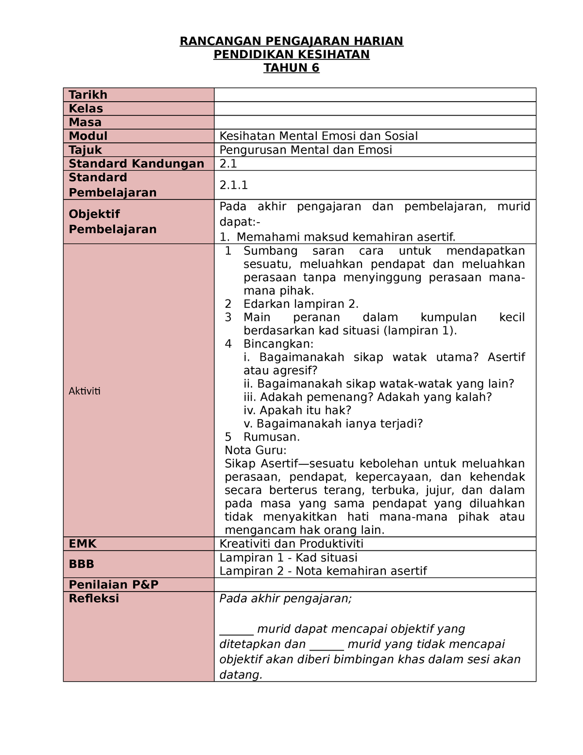 Unit 13(Pengurusan Mental Dan Emosi) - RANCANGAN PENGAJARAN HARIAN ...