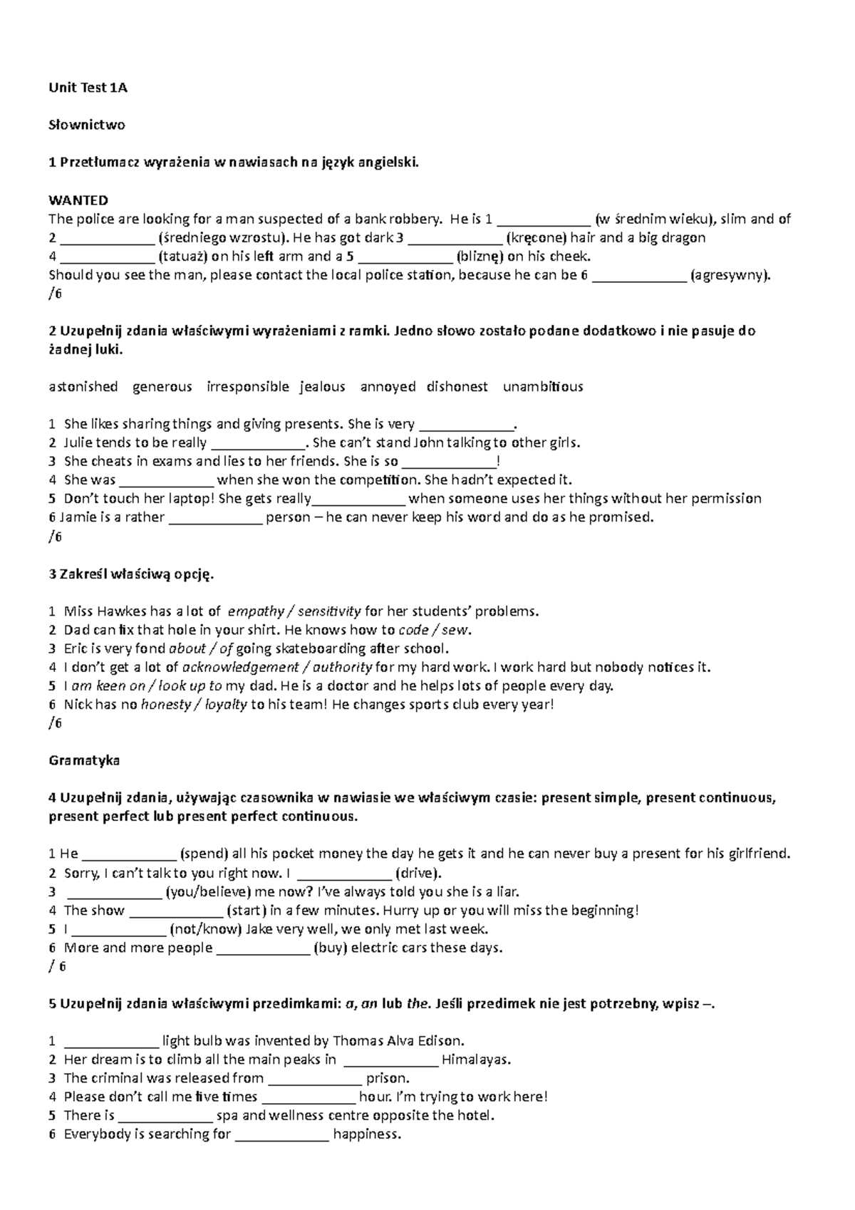 Unit 1 Człowiek Sprawdzian Klasa 8 www.studocu.com