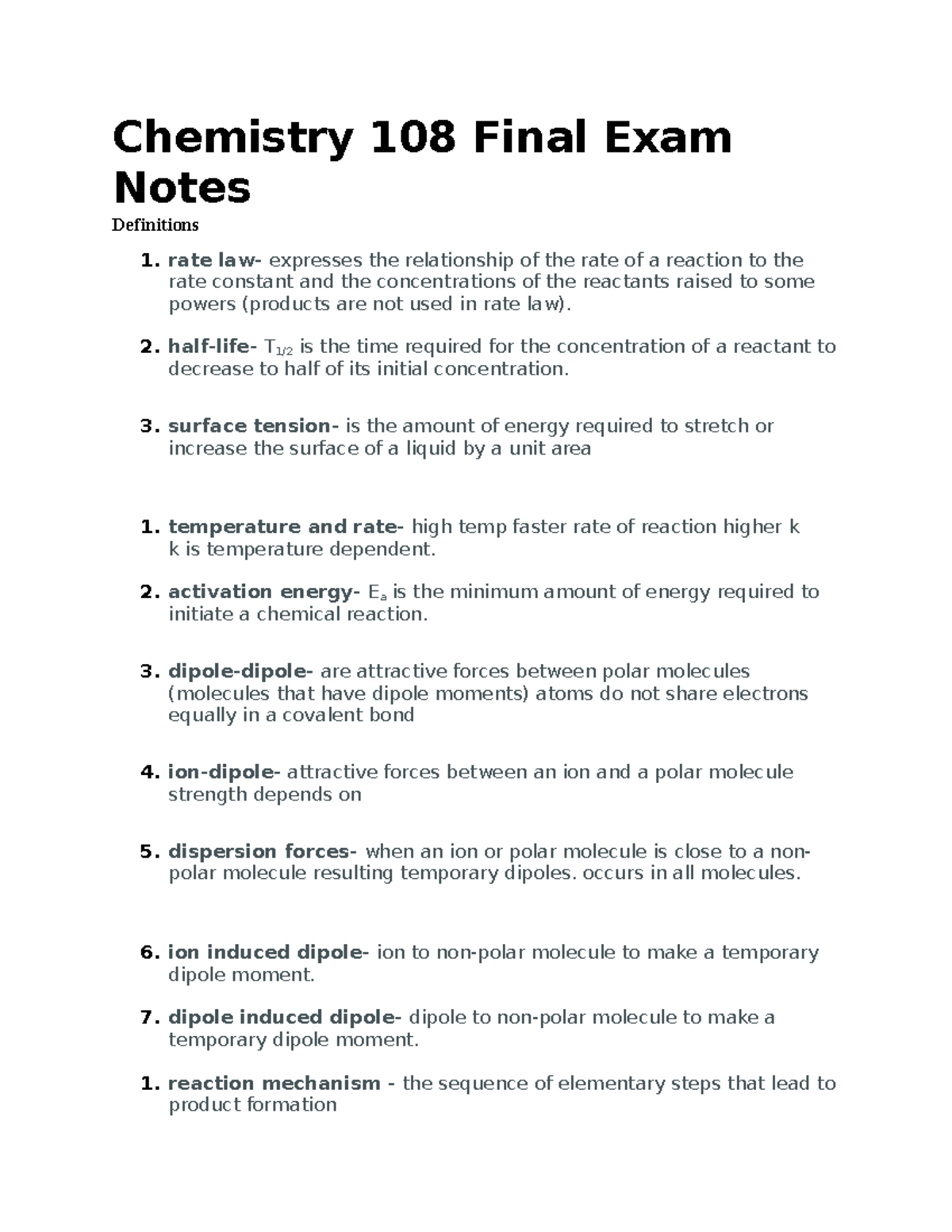 Chemistry 108 Final Exam Notes - Chemistry 108 Final Exam Notes ...