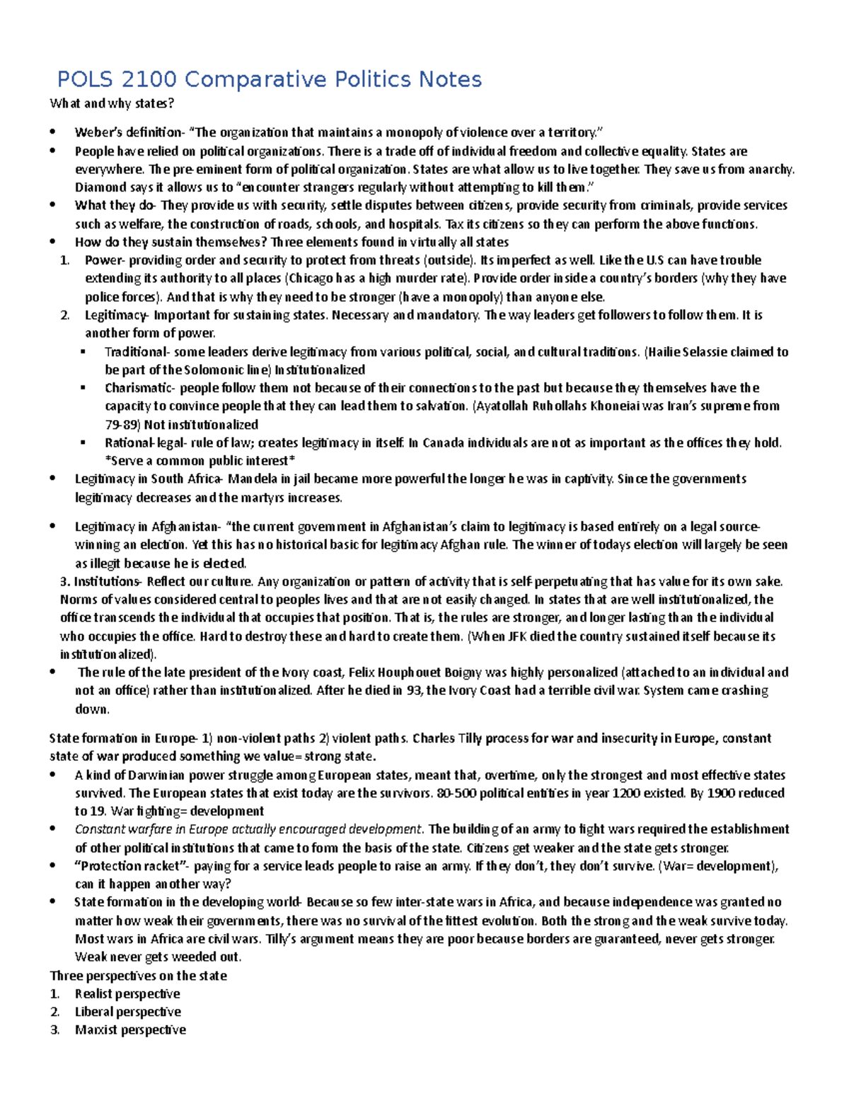 POLS 2100 Entire Semester Lecture Notes POLS 2100 Comparative