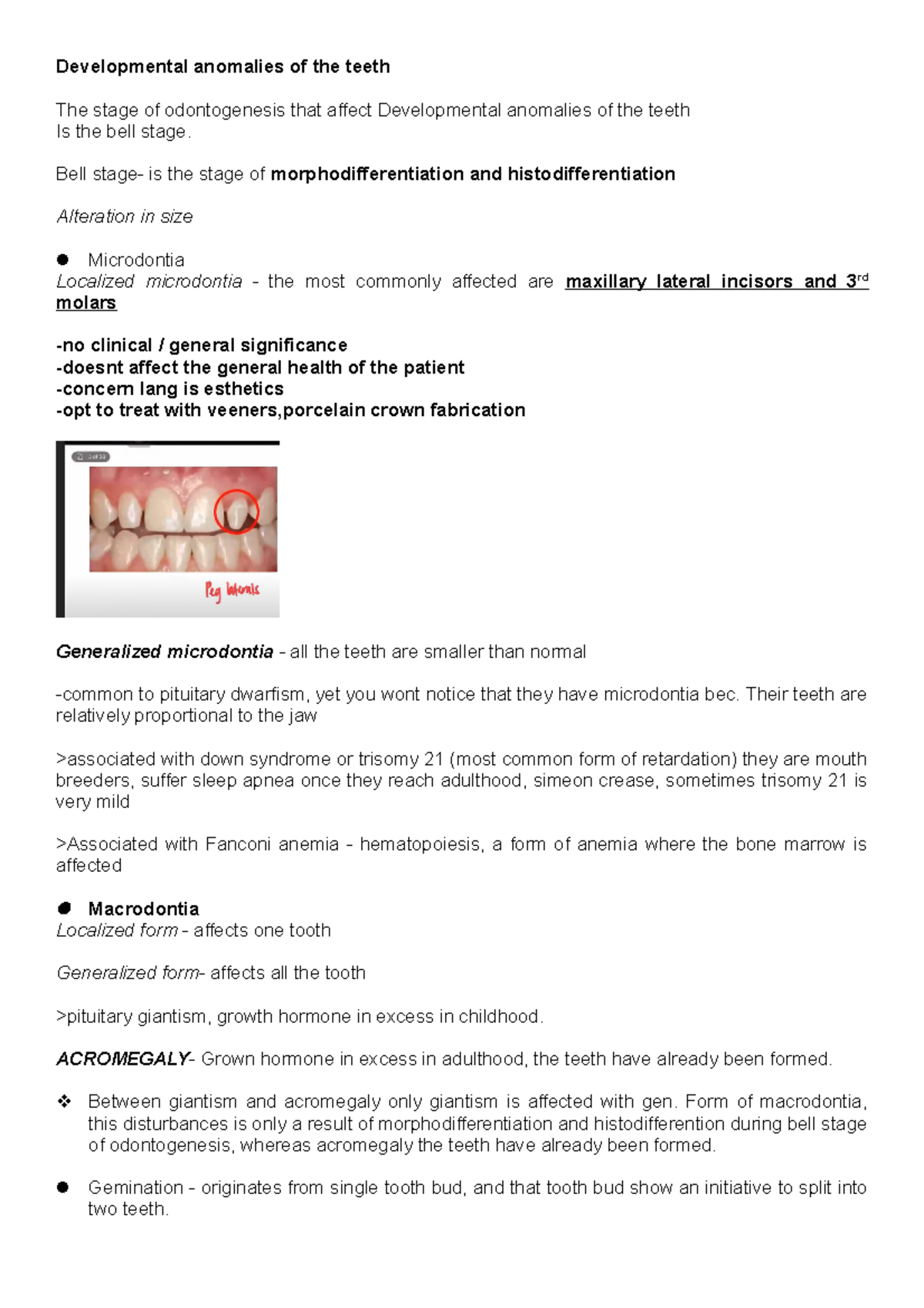 Oral Pathology The stage of odontogenesis that affect Developmental
