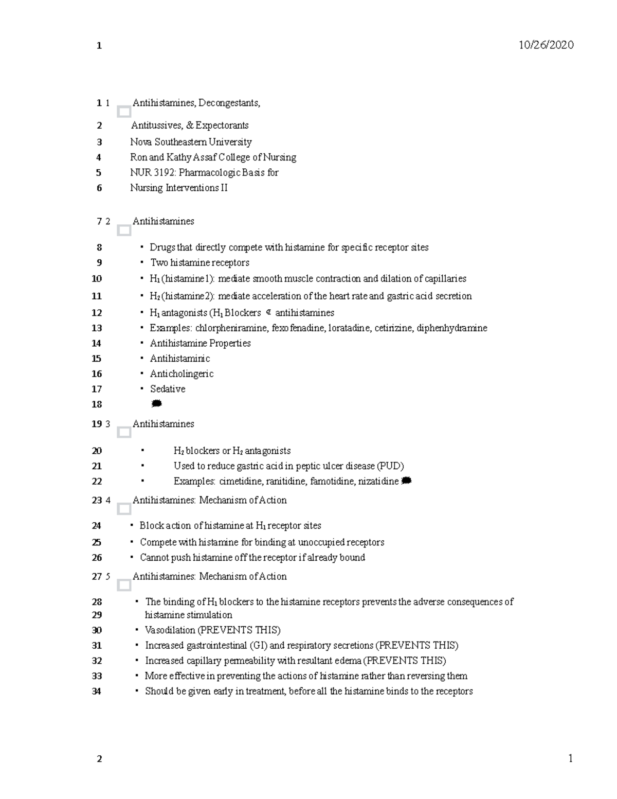 Chapter 36 Pharmw 1 - LECTURE NOTES - 1 Antihistamines, Decongestants ...