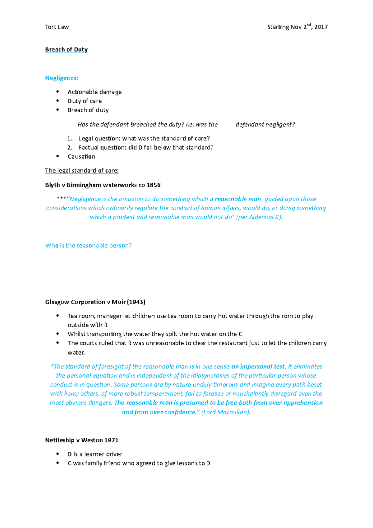 Breach of Duty - lecture notes - Breach of Duty Negligence: Actionable ...