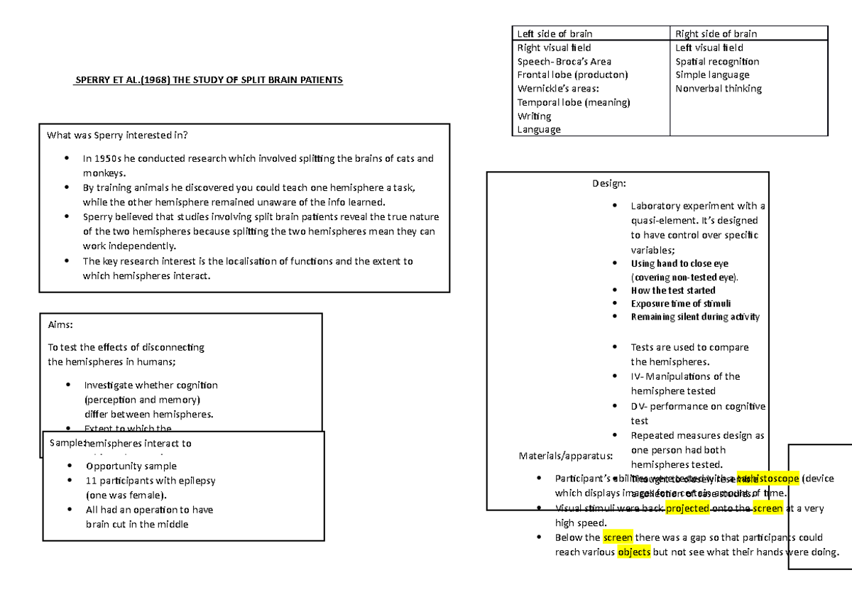 Sperry ET AL Split brain study SPERRY ET AL.(1968) THE STUDY OF SPLIT