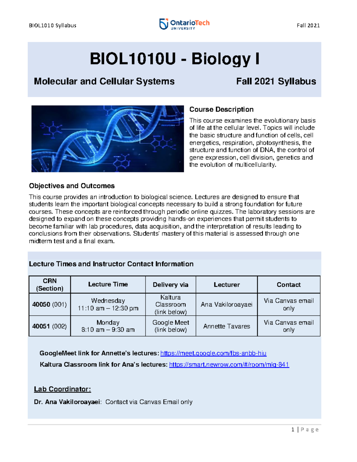 BIOL1010 Syllabus F2021 Final - BIOL1010U - Biology I Molecular And ...