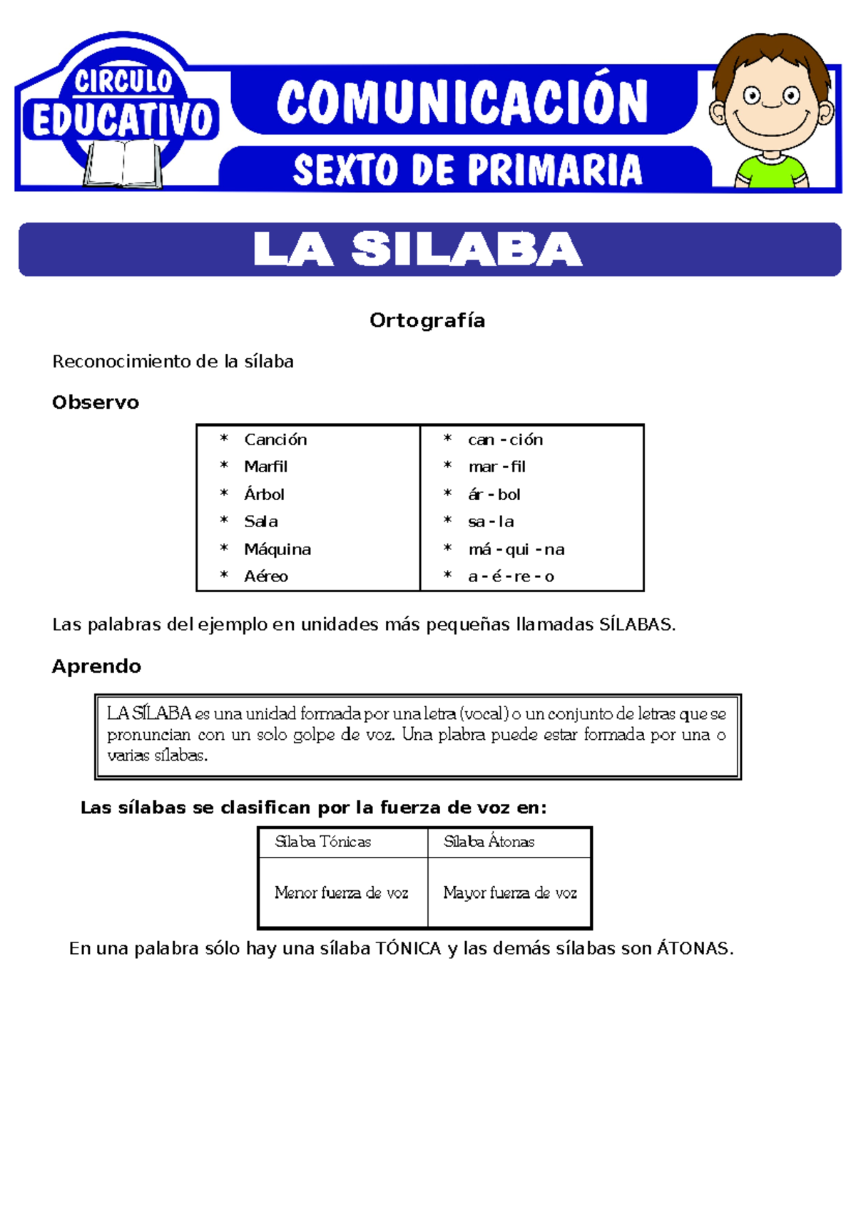 La Silaba Clasificacion Para Sexto De Primaria Ortograf A Reconocimiento De La S Laba Observo