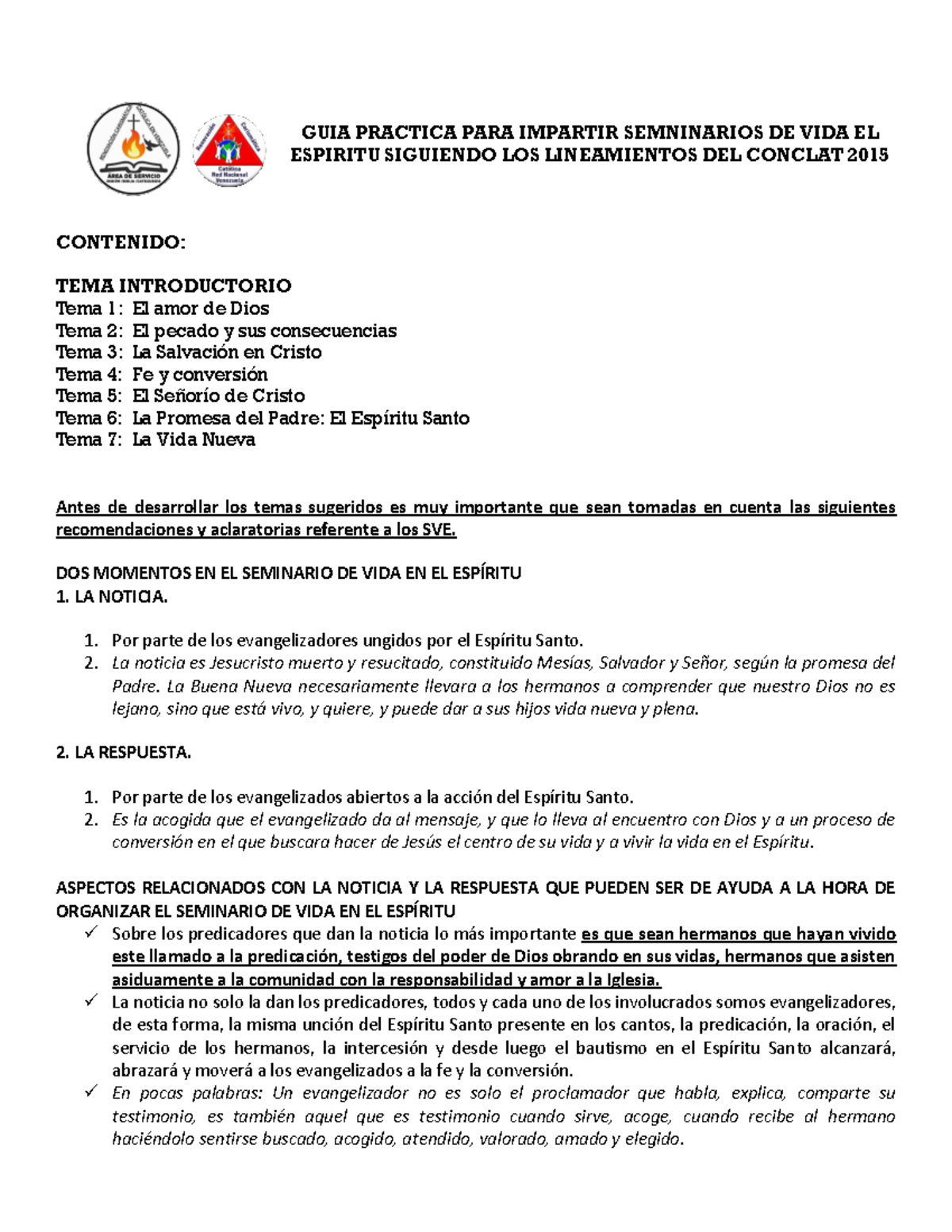 Seminario de Vida en el Espíritu GUIA PRACTICA PARA IMPARTIR