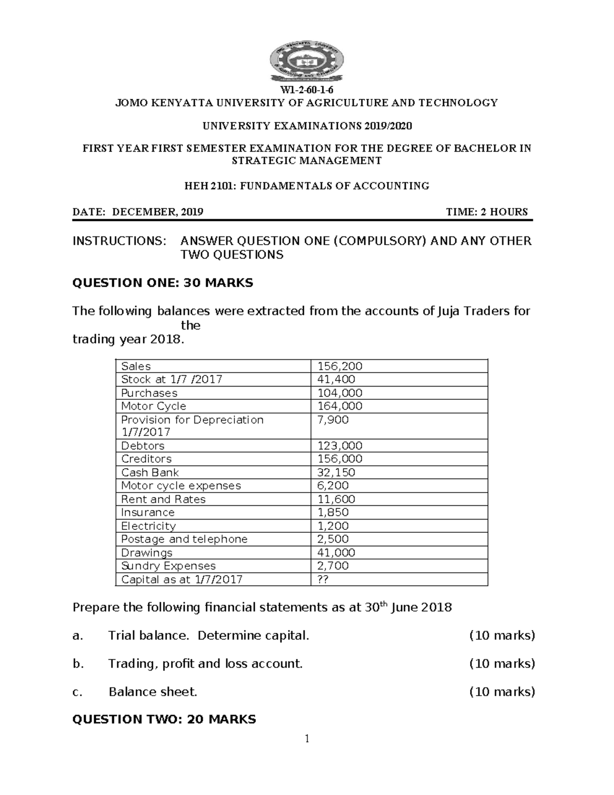 HEH 2101 Fundamentals OF Accounting - W1-2-60-1- JOMO KENYATTA ...