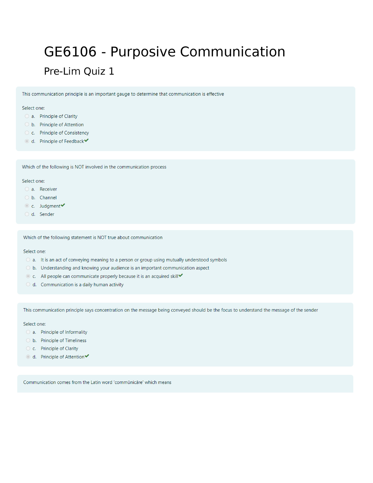 GE6106 - Purposive Communication Pre-Lim Quiz 1 - Studocu