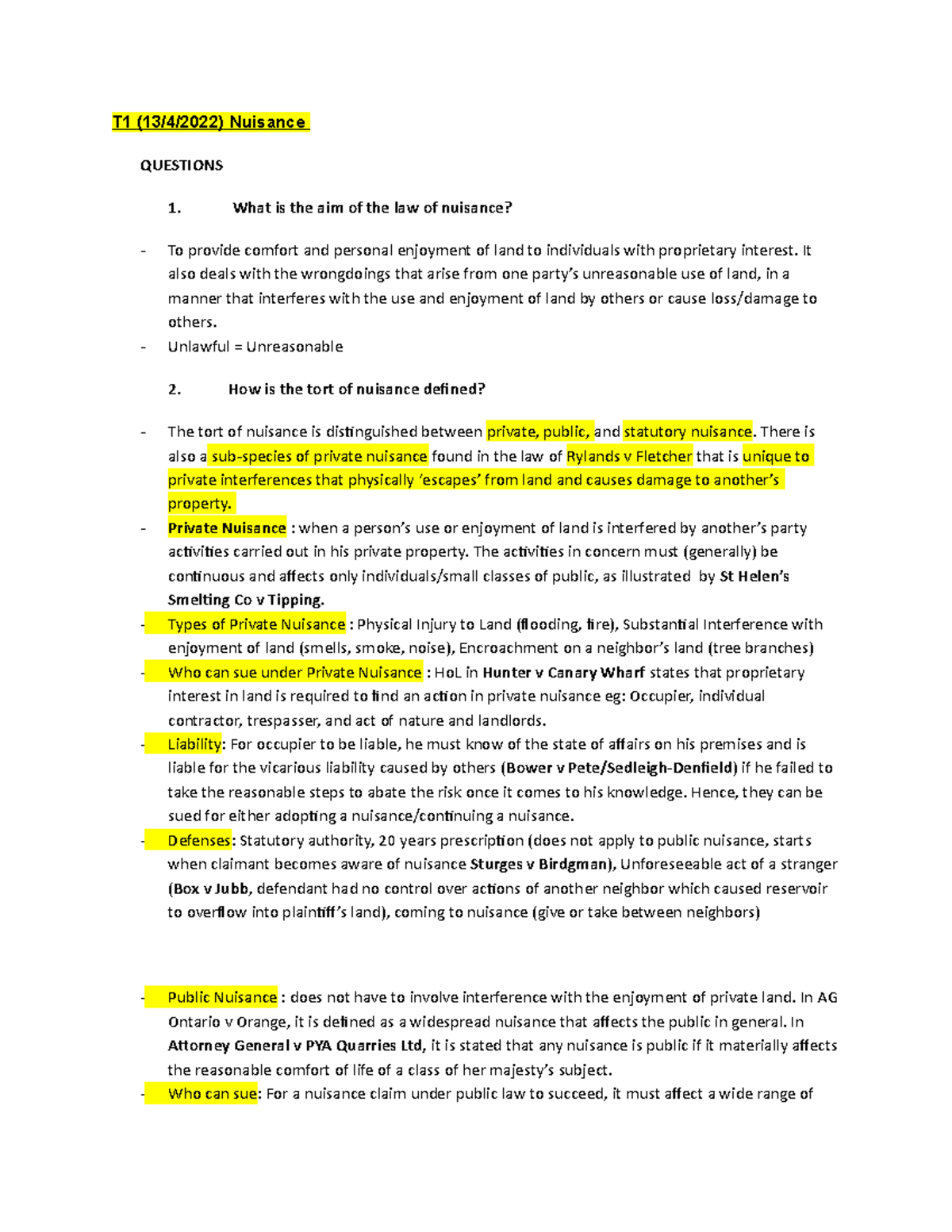 Tort Law 2 Answers For Private Nuisance Tutorial Law Of Tort Ii Studocu