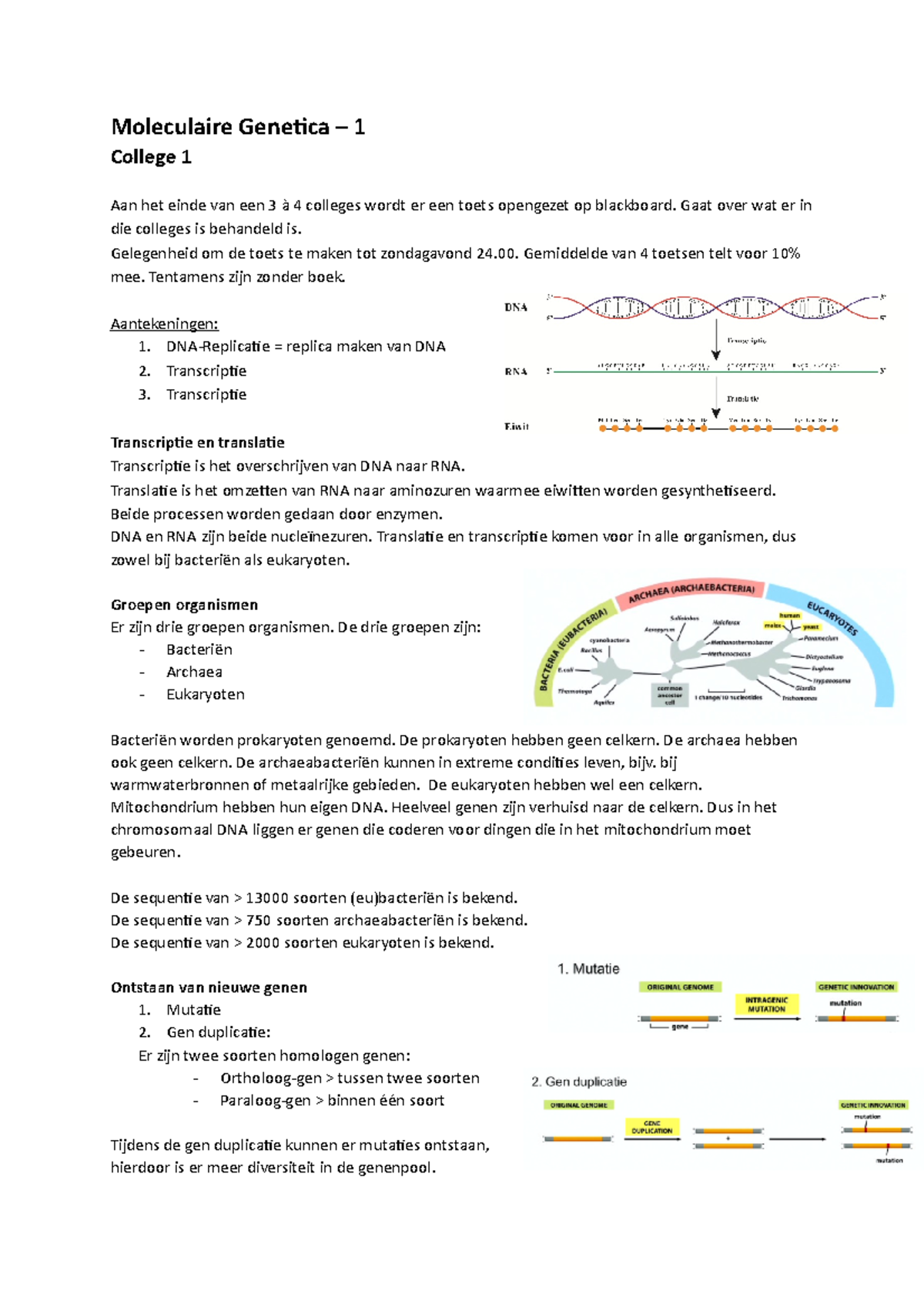 College 1 MG Aantekeningen - Moleculaire Genetica – 1 College 1 Aan Het ...