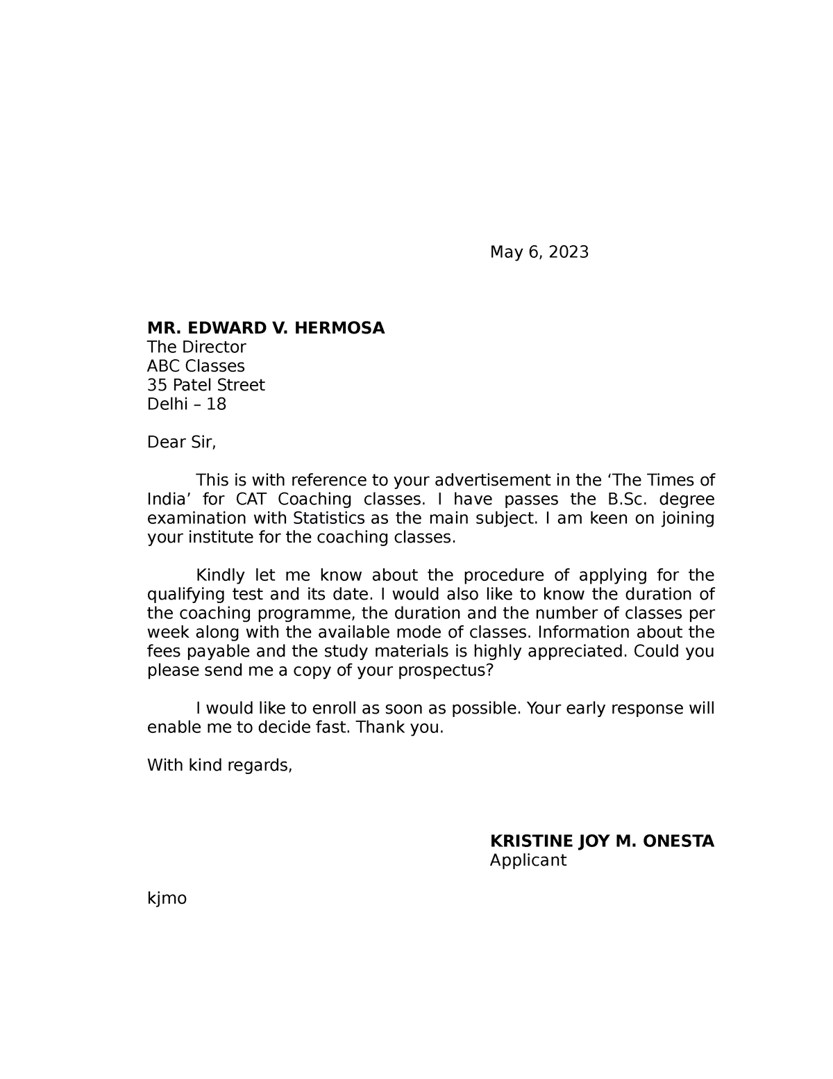 Formal Letter - May 6, 2023 Mr. Edward V. Hermosa The Director Abc 