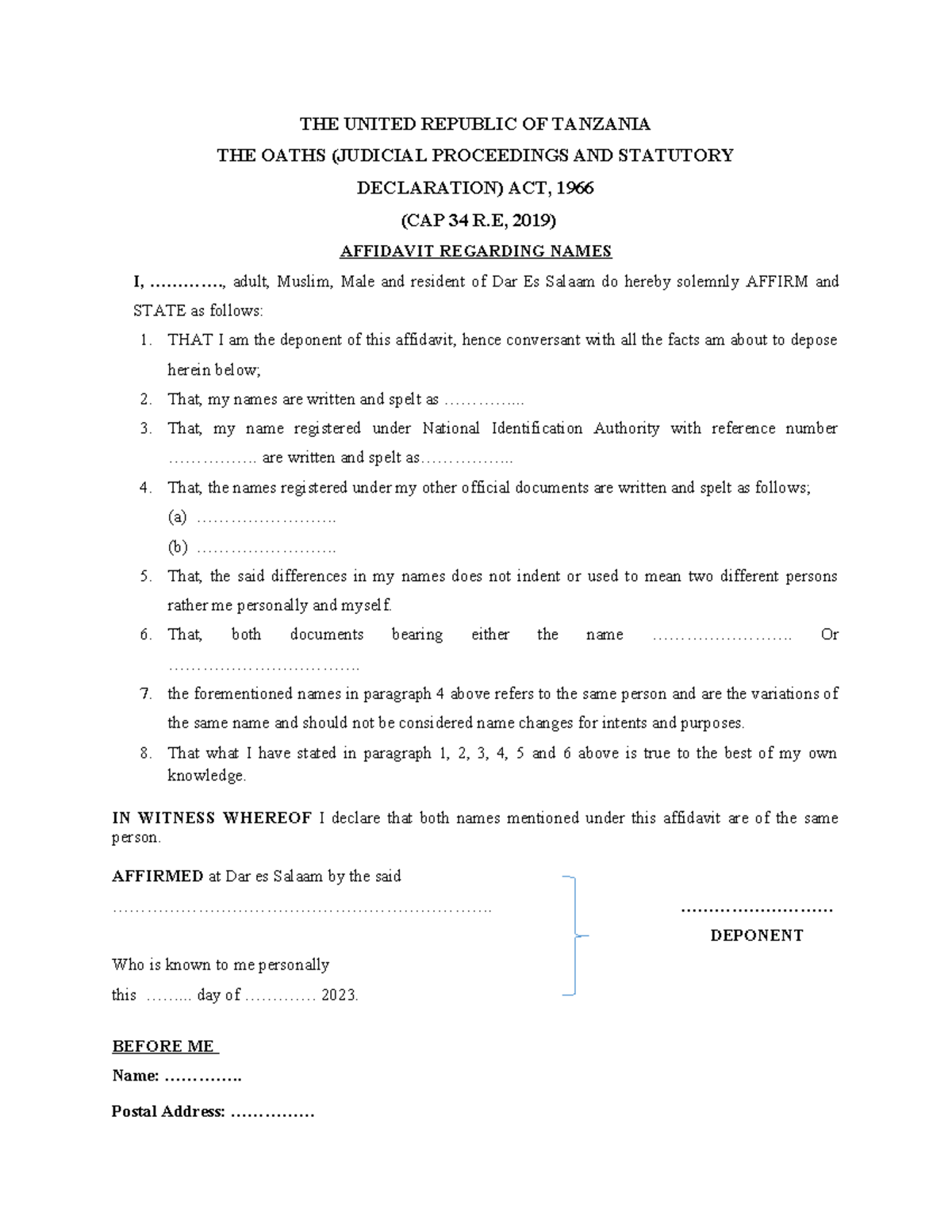 Affidavit OF Names THE UNITED REPUBLIC OF TANZANIA THE OATHS