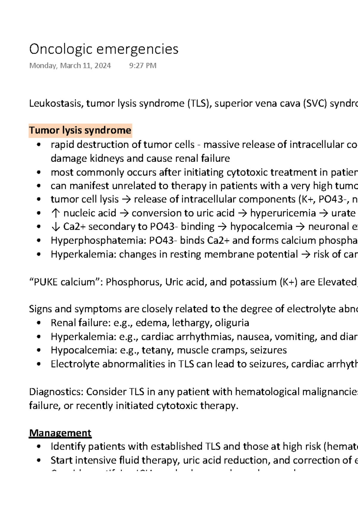 Oncologic emergencies - Leukostasis, tumor lysis syndrome (TLS ...