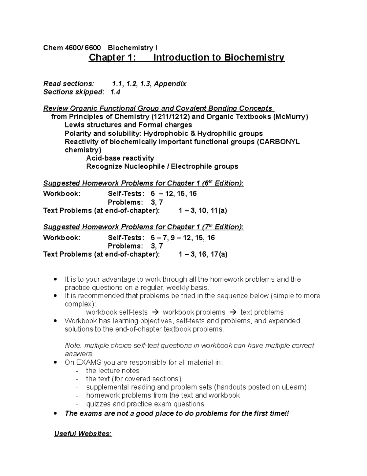Chap 1 Suggested Problems - Chem 4600/ 6600 Biochemistry I Chapter 1 ...