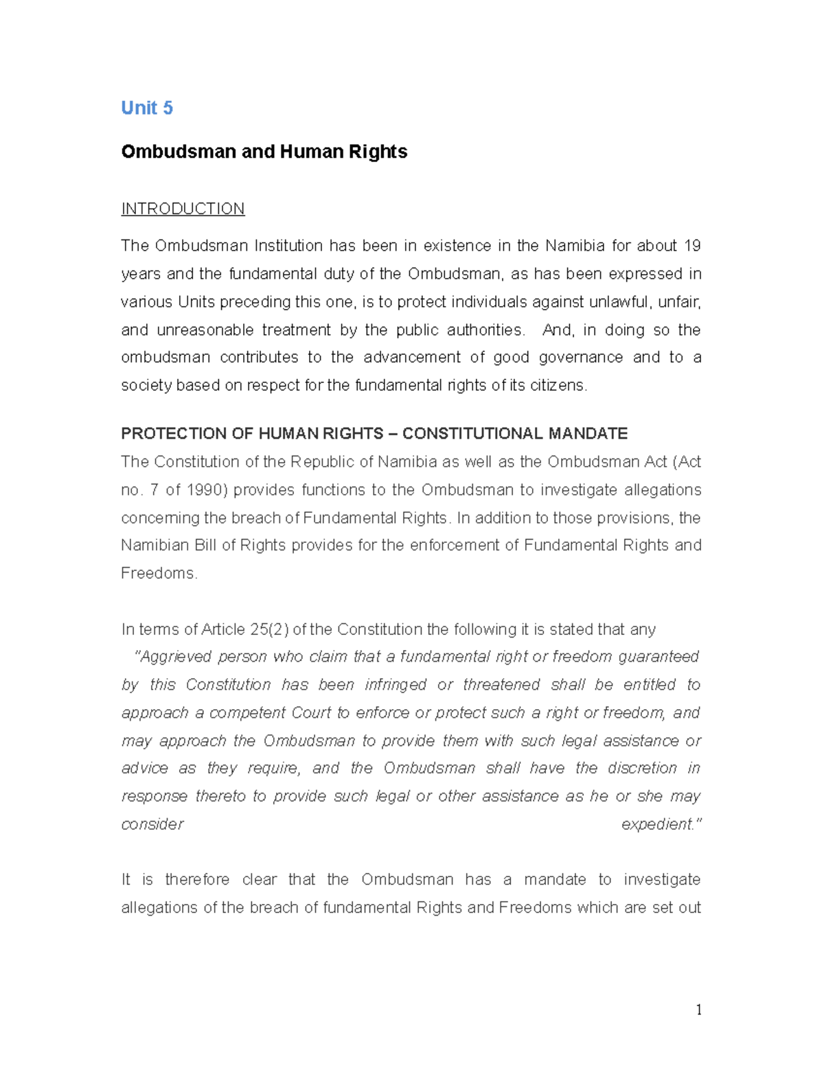 Ombuds law notes 5 - Alternative Dispute Resolution - Unit 5 Ombudsman ...