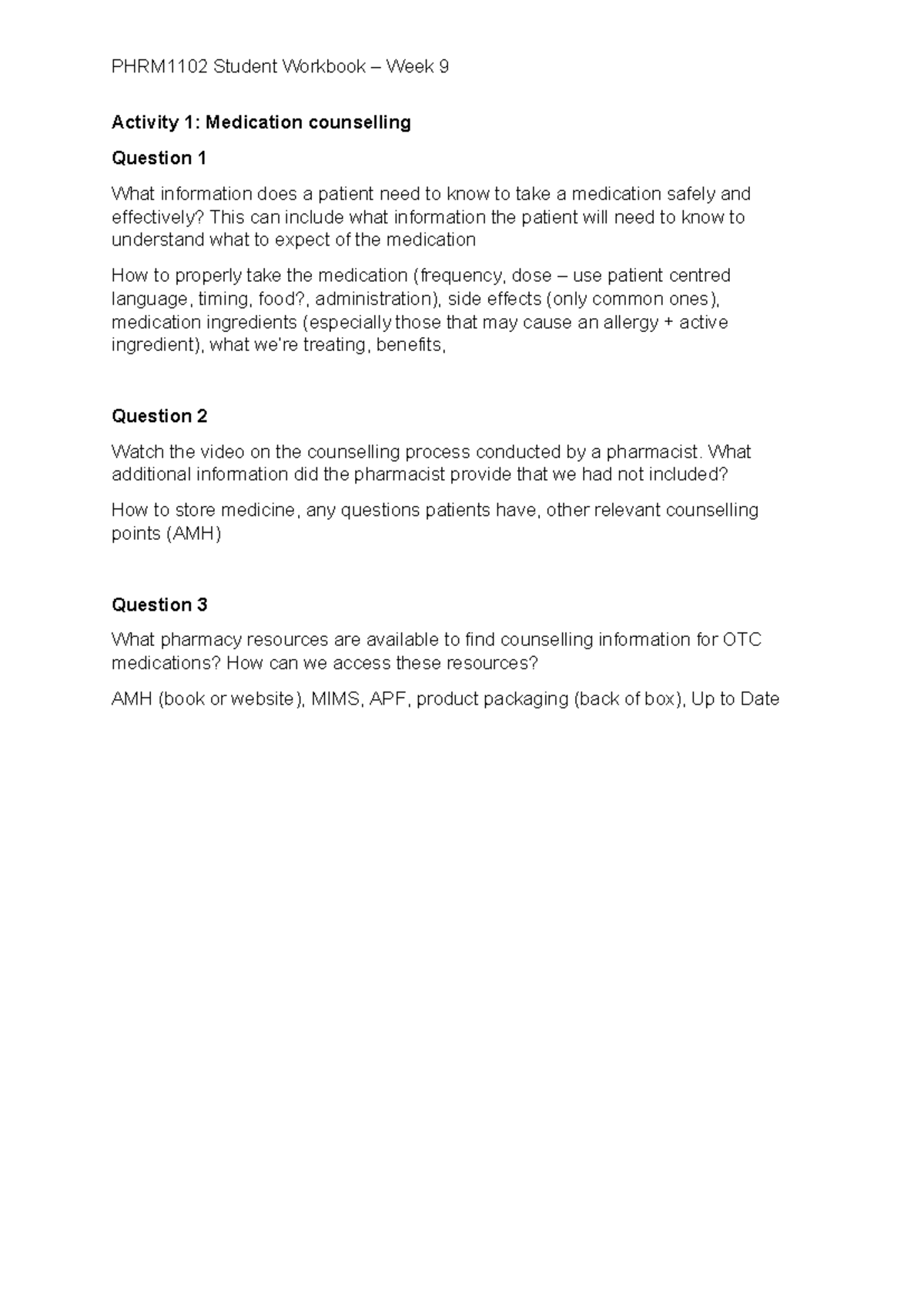 PHRM1102 Week 9 student workbook - Activity 1: Medication counselling ...