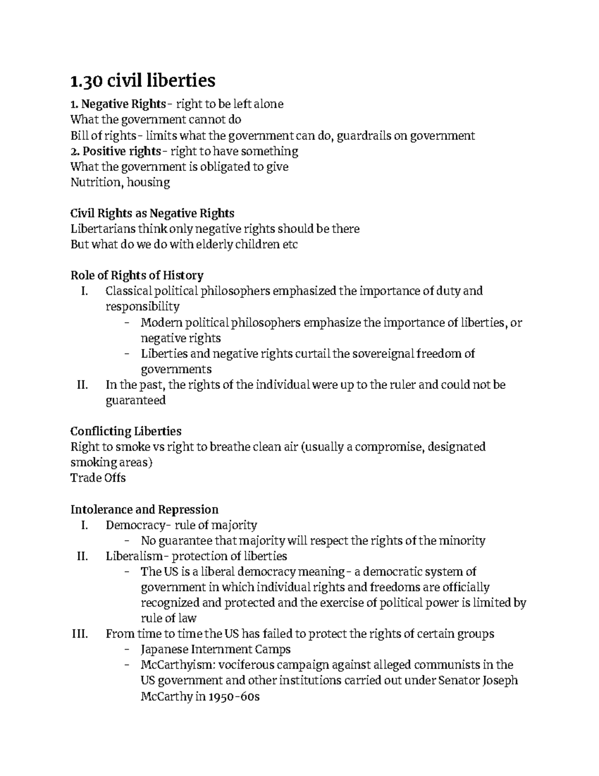 1.30 civil liberties - 1 civil liberties Negative Rights- right to be ...