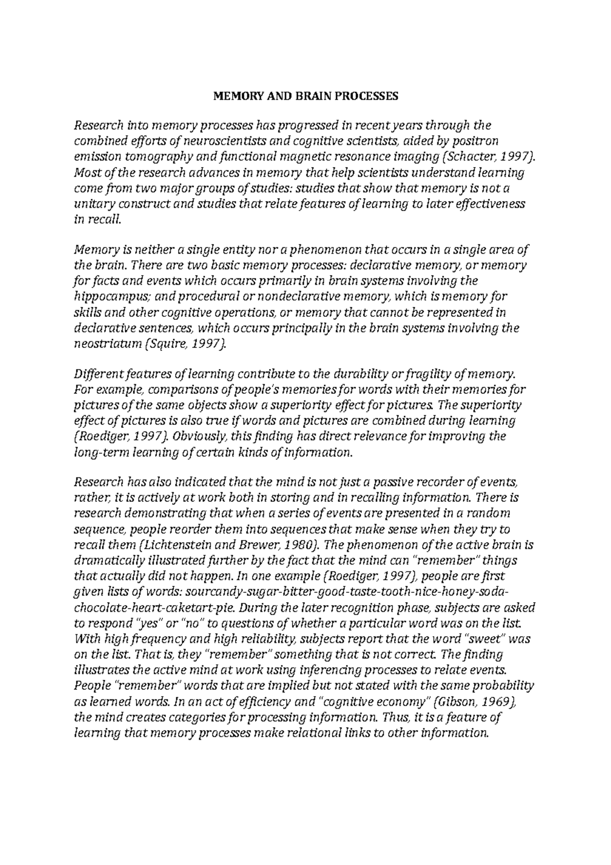 Memory 1 - Lecture notes 2 - MEMORY AND BRAIN PROCESSES Research into ...
