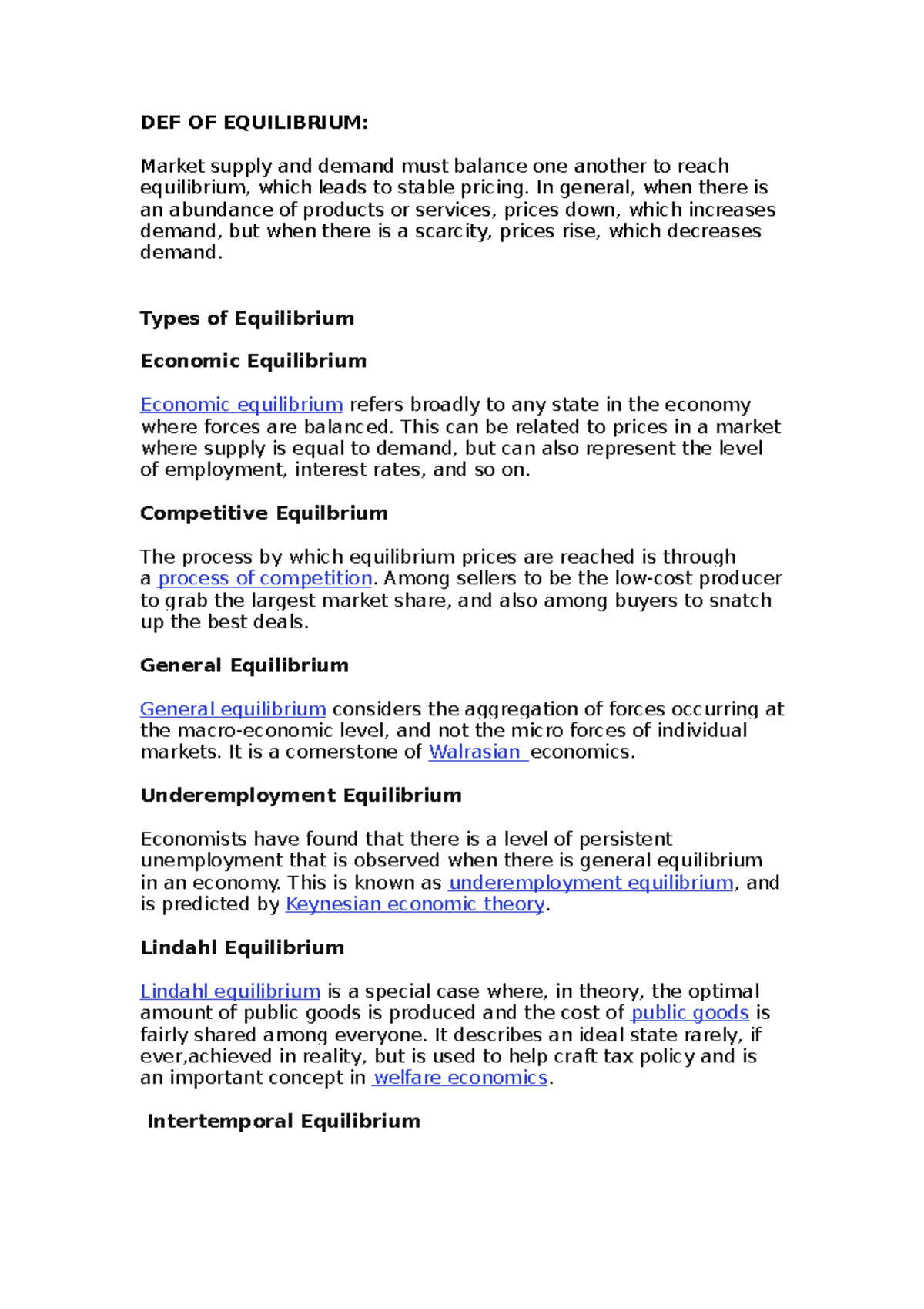 DEF-OF- Equilibrium - Assignment - DEF OF EQUILIBRIUM: Market supply ...