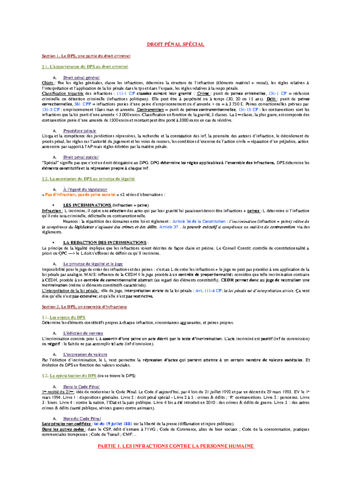 Droit Penal Special Droit Nal Sp Cial Section Le Dps Une Partie Du Droit Studocu