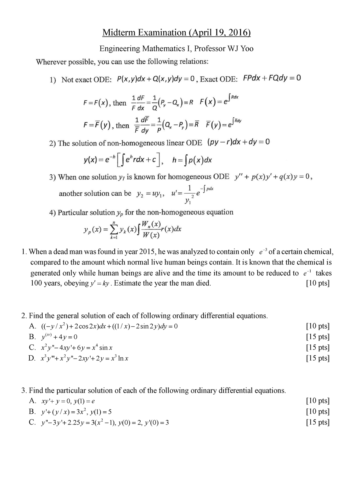 시험 23 4월 16 문제 Midterm Examination April 19 16 Engineering Mathematics I Professor Wj Yoo Studocu