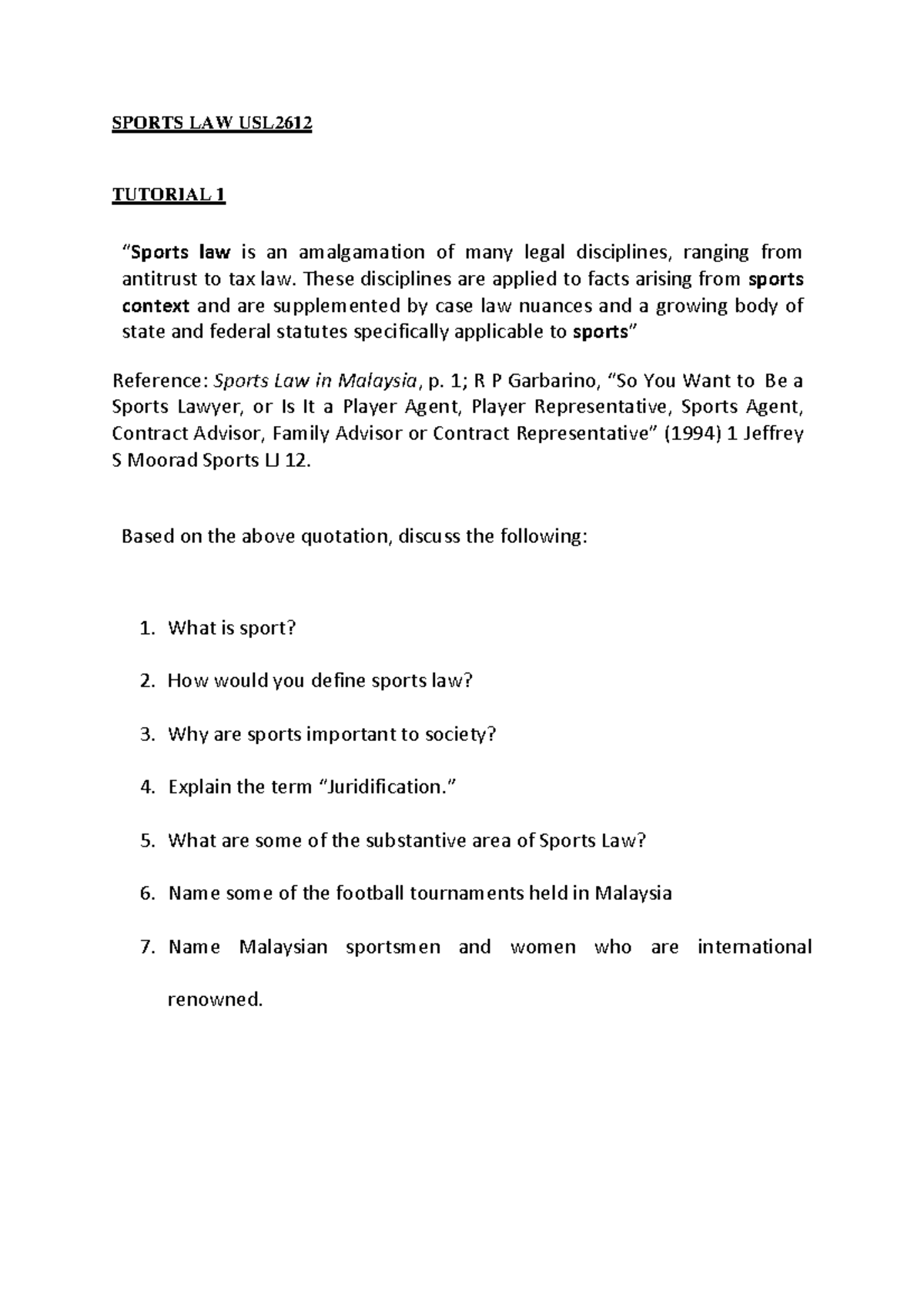 Tut 1 - tut 1 - SPORTS LAW USL TUTORIAL 1 “Sports law is an ...