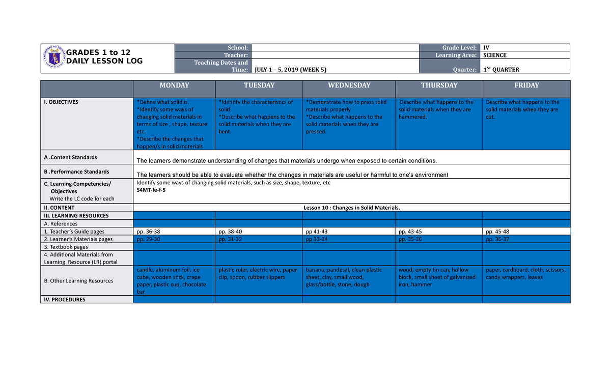 DLL Science 4 Q1 W5 - DLLL - GRADES 1 to 12 DAILY LESSON LOG School ...