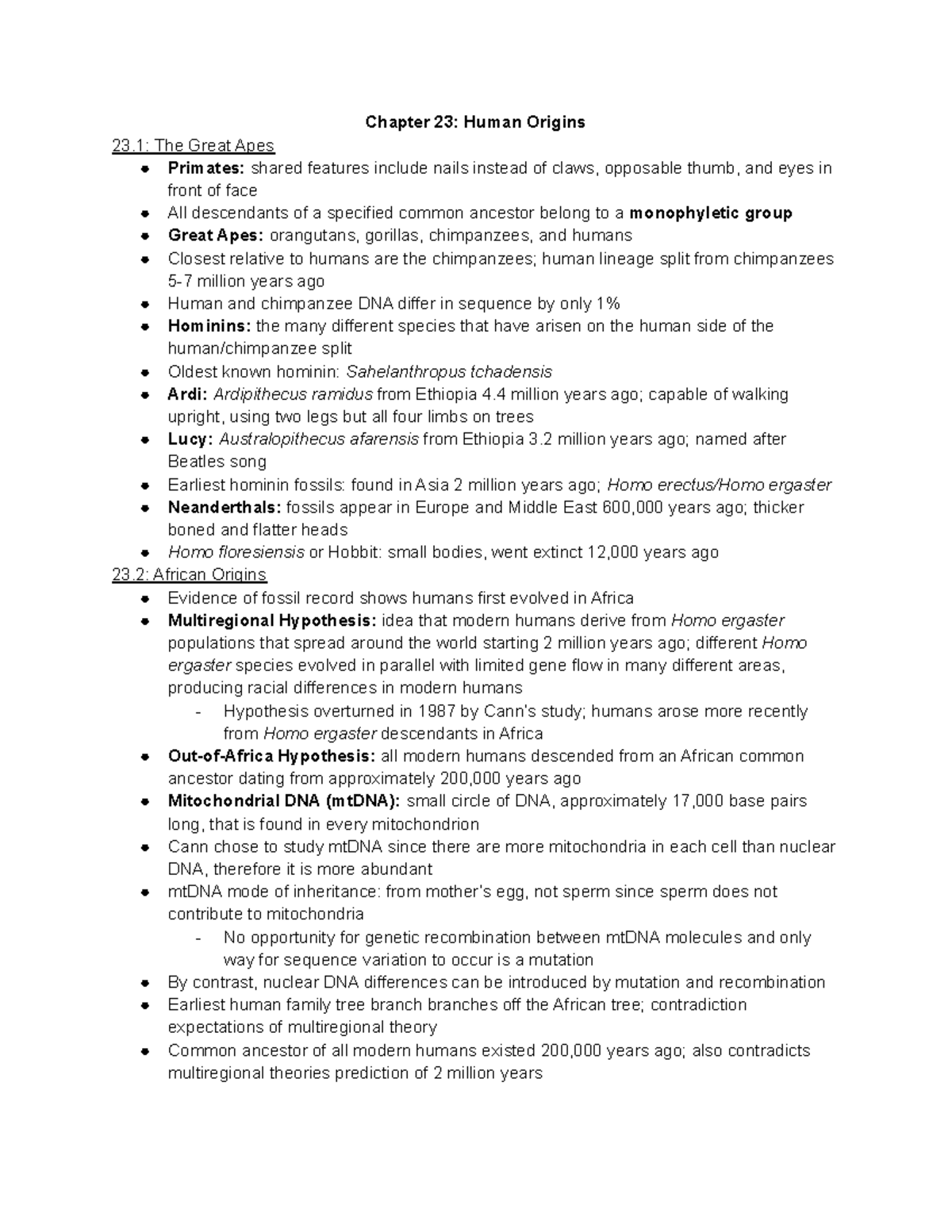 Biology 1108 Chapter 23 Notes - Chapter 23: Human Origins 23: The Great ...