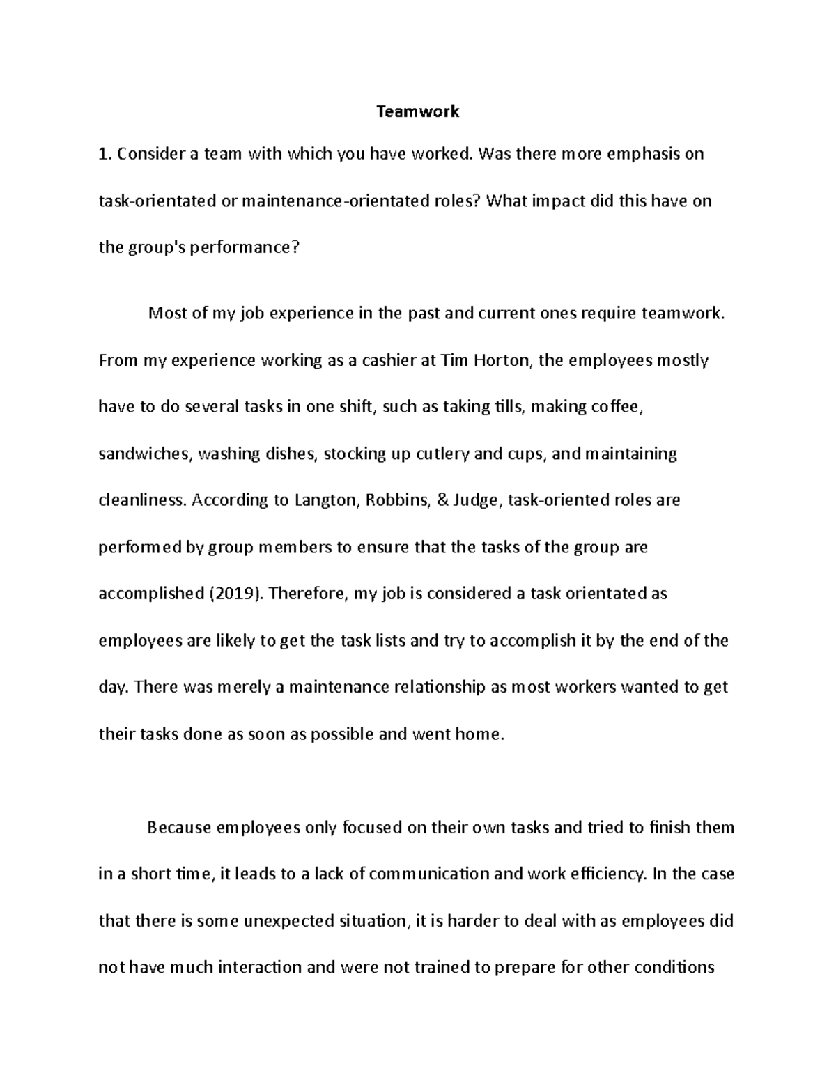Teamwork - This is a mini weekly assignment - Teamwork Consider a team ...