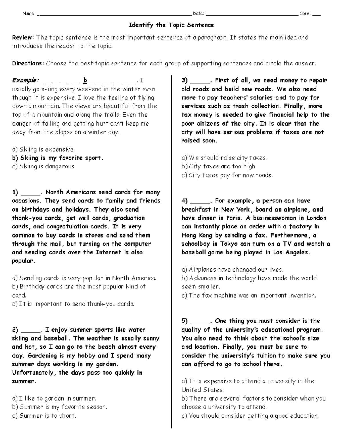 Topic Sentences Multiple Choice Questions - Name: - Studocu