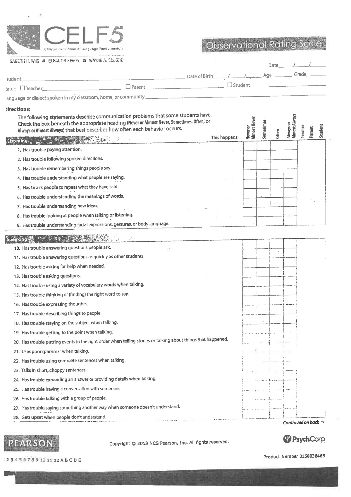 CELF 5 Observational rating scale CPSL251 Studocu