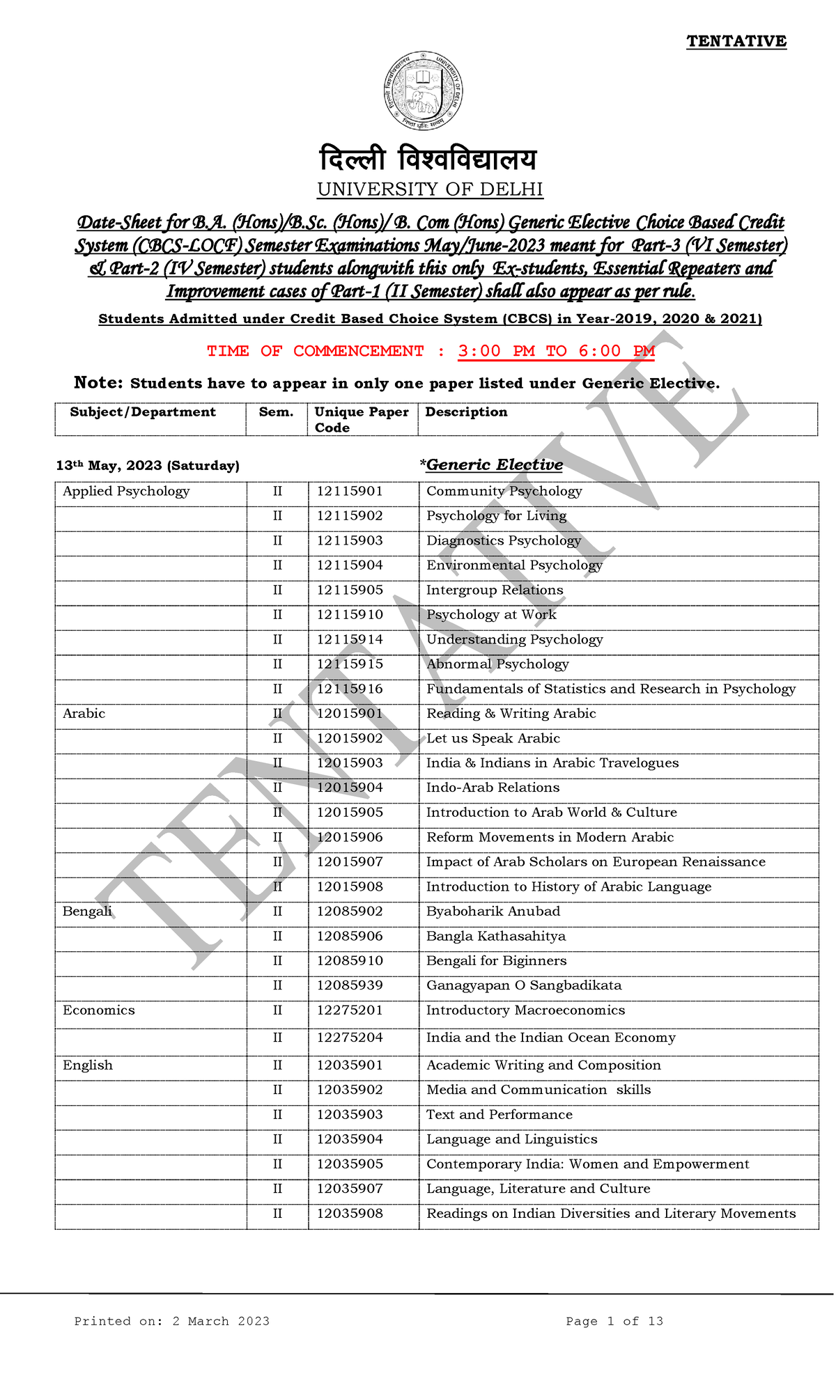 DATE Sheet OF Generic Elective SEM.II-IV 2022-03-03-2023 - TENTATIVE ...