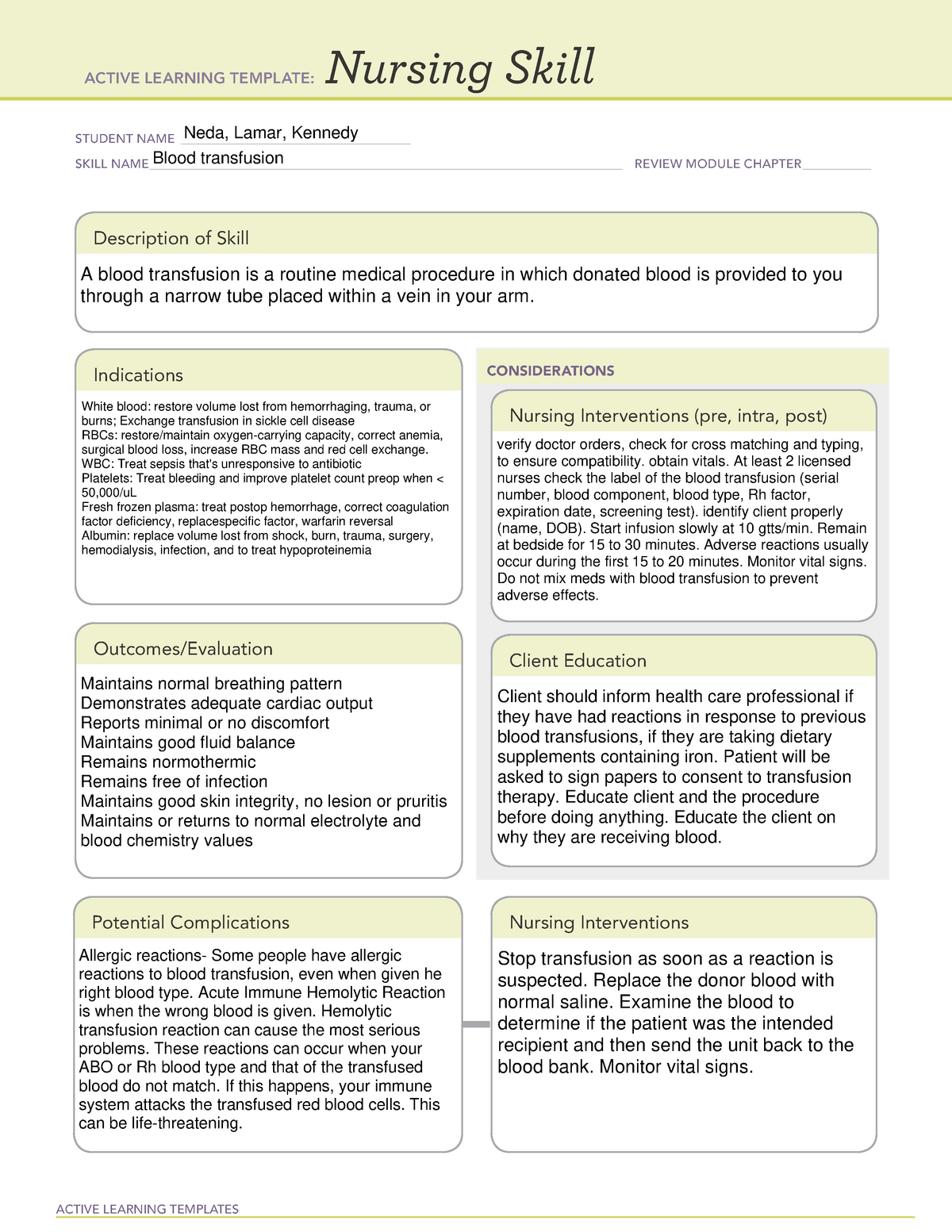 Blood administration ACTIVE LEARNING TEMPLATES Nursing Skill STUDENT