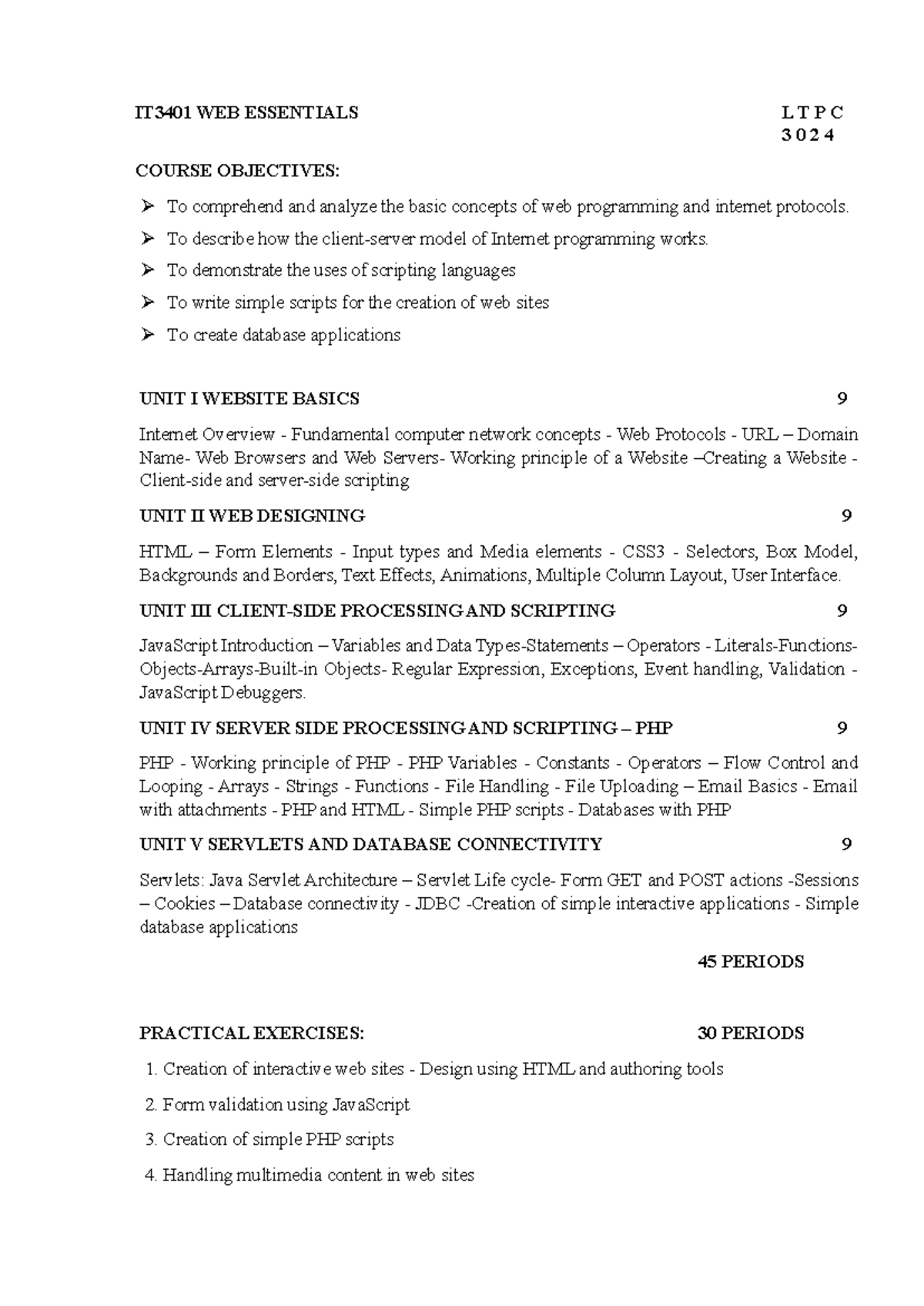 IT3401 Web Essentials Syllabus - IT3401 WEB ESSENTIALS L T P C 3 0 2 4 ...